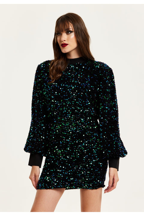 Black Velvet Based Green And Blue Sequin Mini Dress by Liquorish