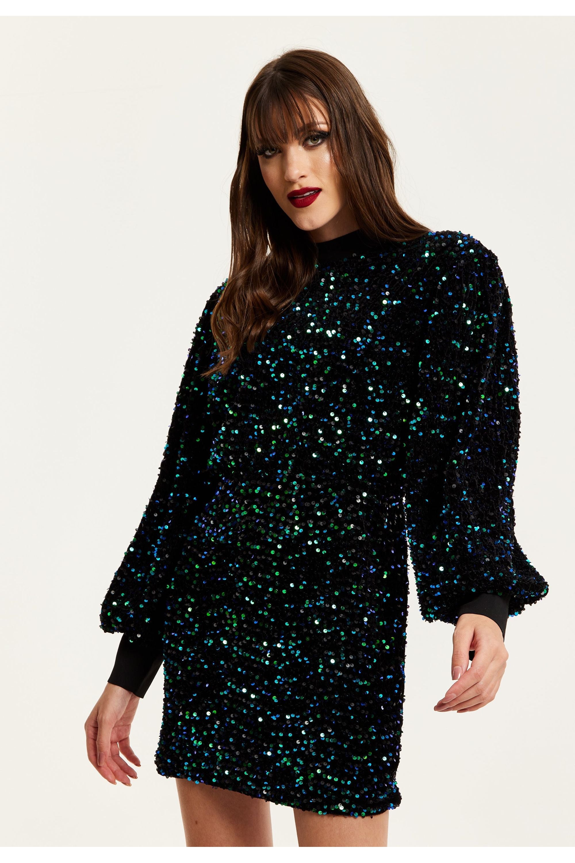 Black Velvet Based Green And Blue Sequin Mini Dress F0-LIQ23AW002GB