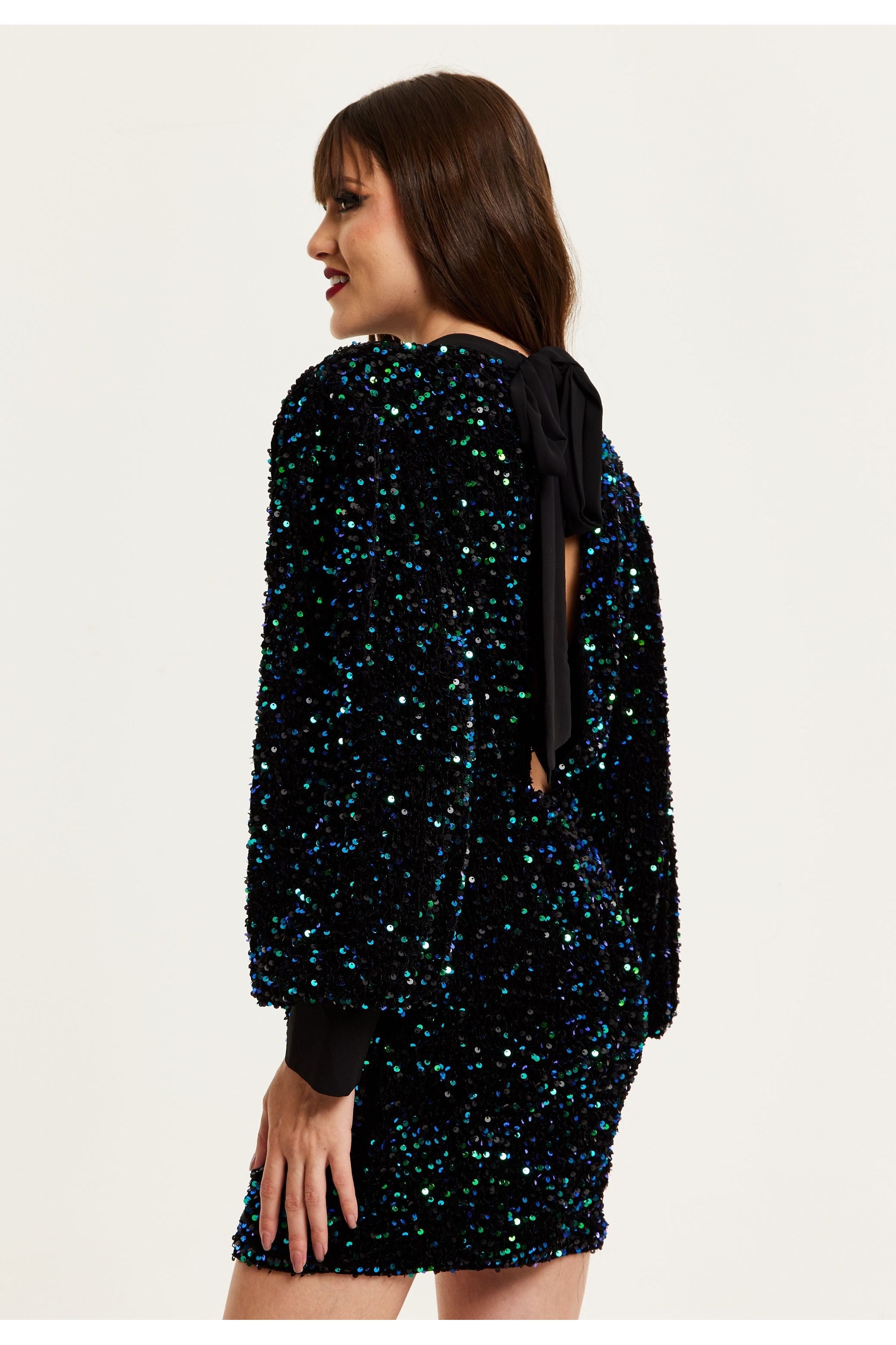 Black Velvet Based Green And Blue Sequin Mini Dress F0-LIQ23AW002GB