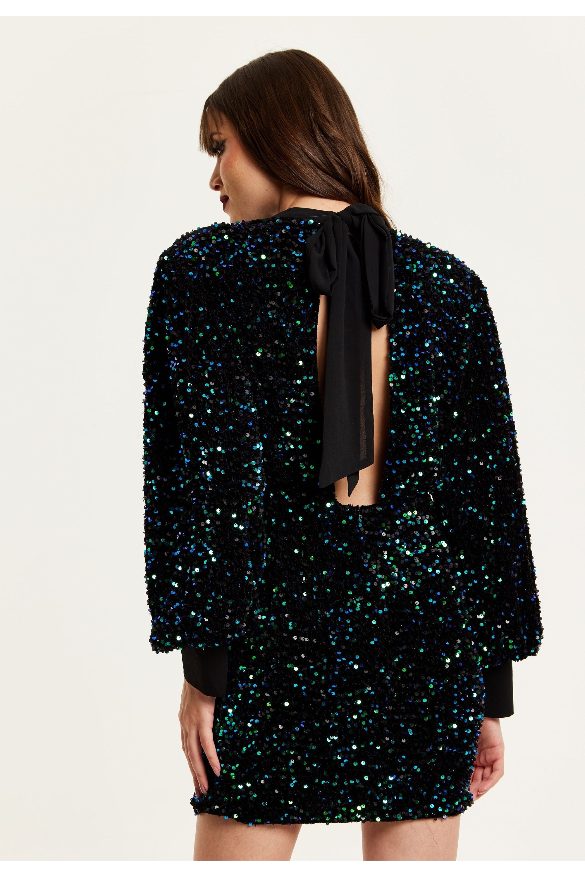 Black Velvet Based Green And Blue Sequin Mini Dress F0-LIQ23AW002GB