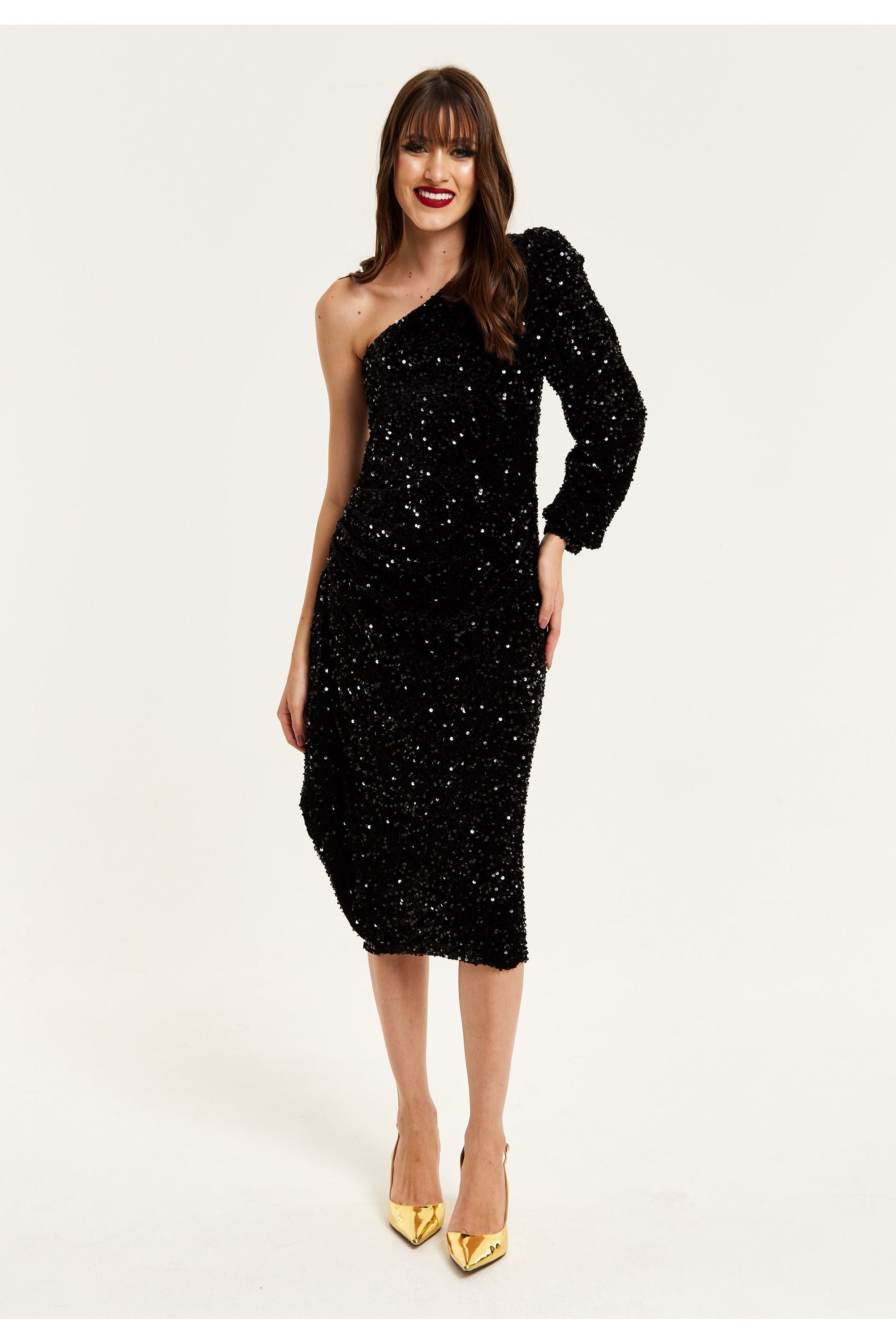 Black Sequin Velvet One Shoulder Midi Dress F0-LIQ23AW015