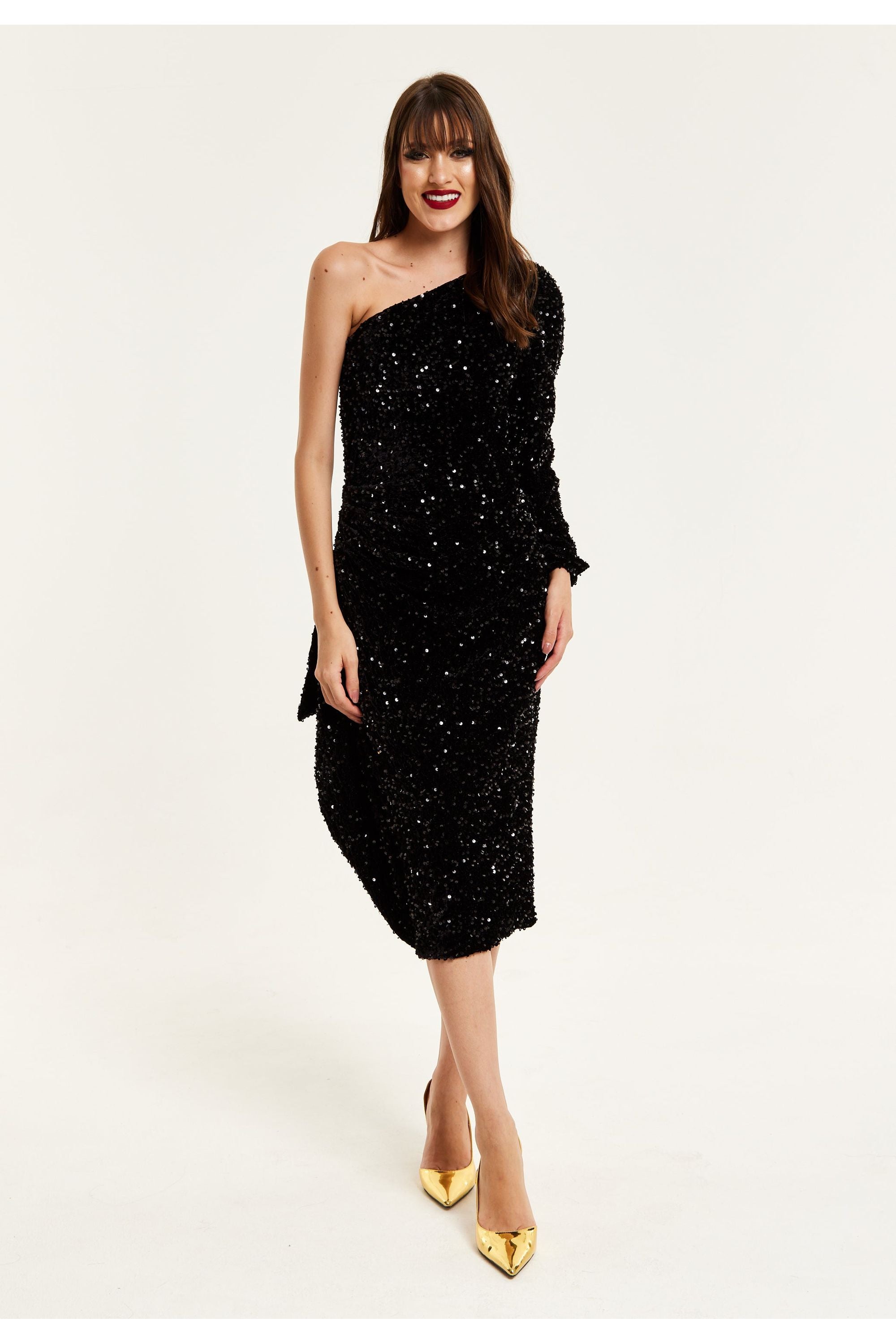 Black Sequin Velvet One Shoulder Midi Dress F0-LIQ23AW015