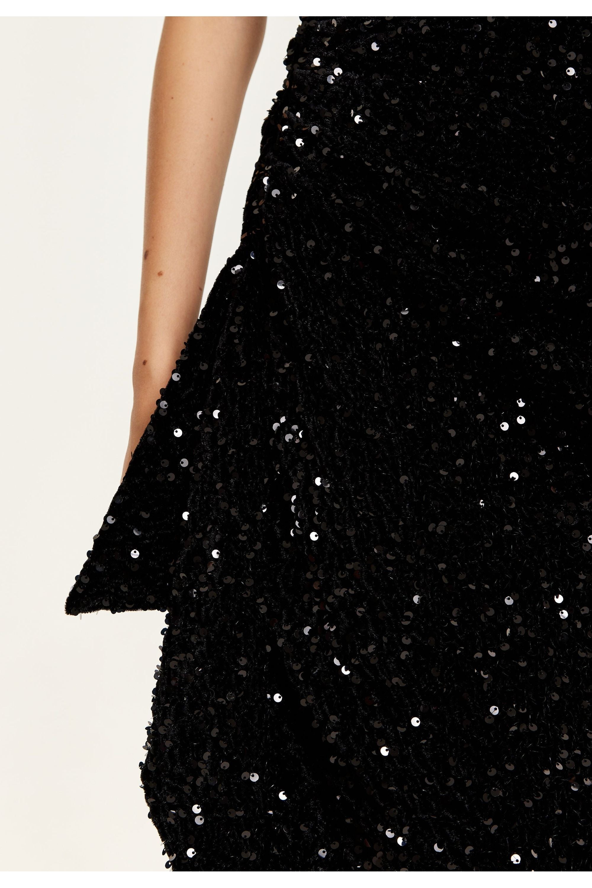 Black Sequin Velvet One Shoulder Midi Dress F0-LIQ23AW015