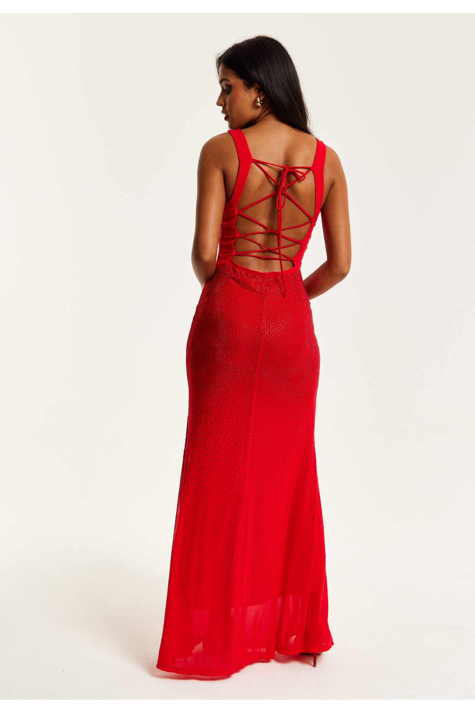 Red Sequin Maxi Dress With Open Back Detail D9-LIQ23AW001