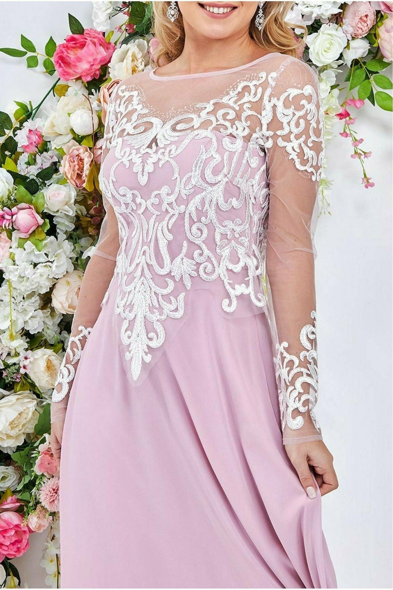Mesh & Lace Embroidered Bodice Maxi - Blush DR3260