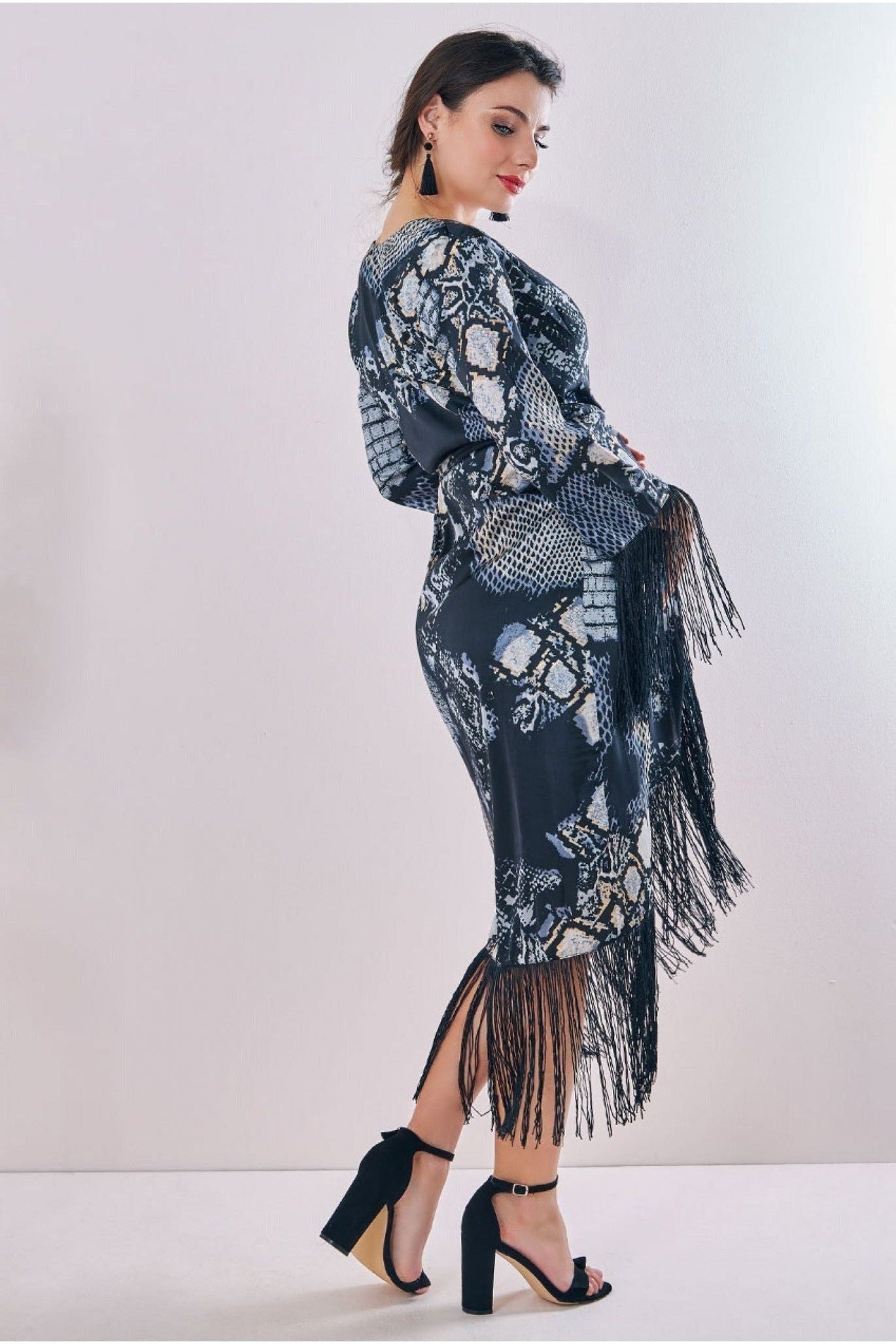 Maternity Tassel Foil Print Wrap Midi Black DR3699MAT