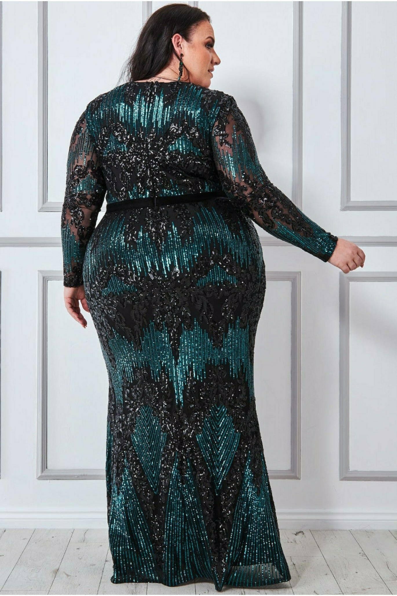 Long Sleeve Sequin Evening Maxi - Emerald DR3016P
