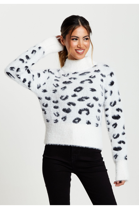 Fluffy Animal High Neck Jumper In Black And White by Liquorish