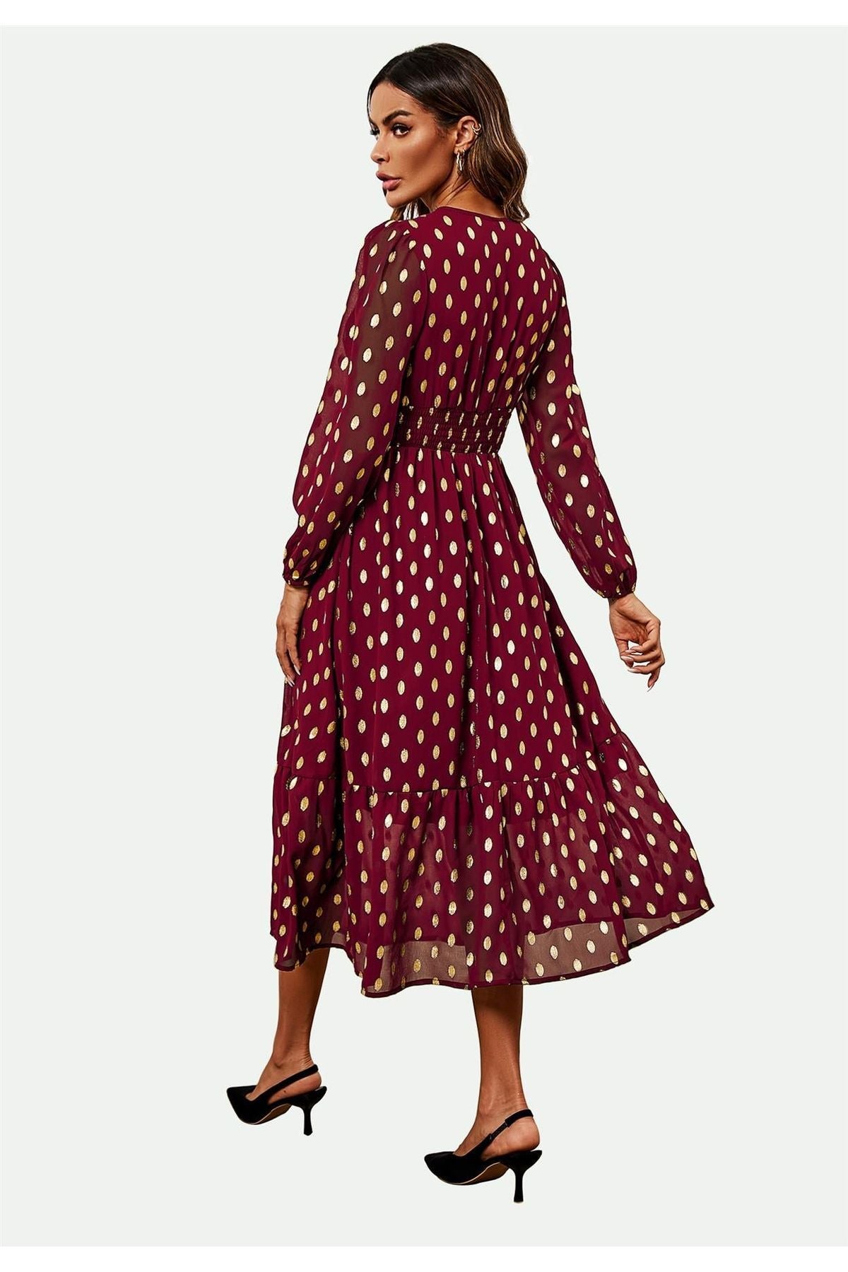 Lace Trim Foil Long Sleeve Maxi Dress In Wine FS565-WG
