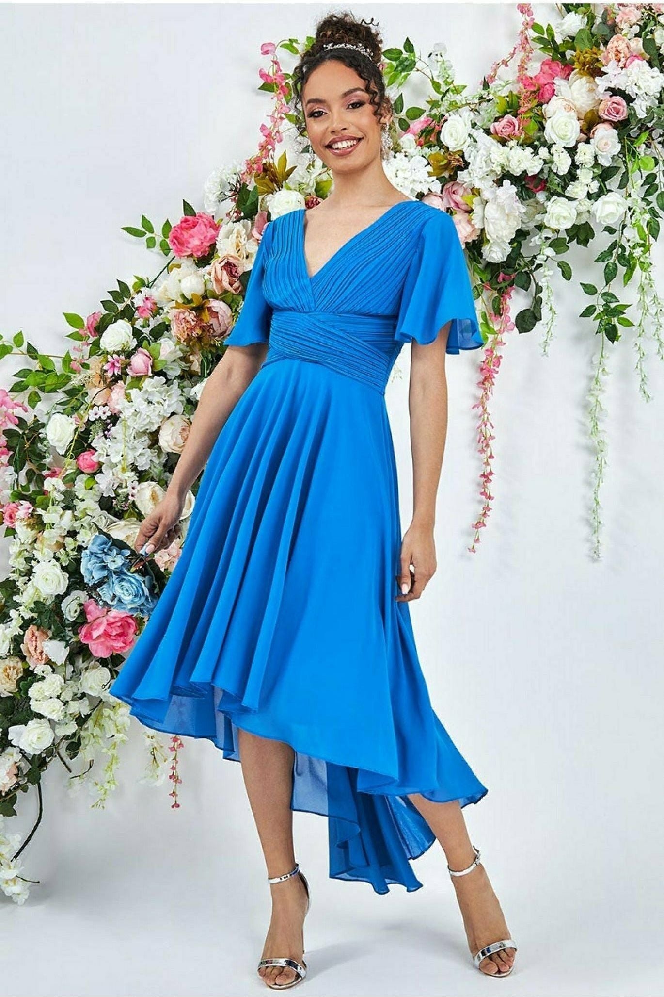 Pleated Chiffon High Low Midi Dress - Atlantic Blue DR3305