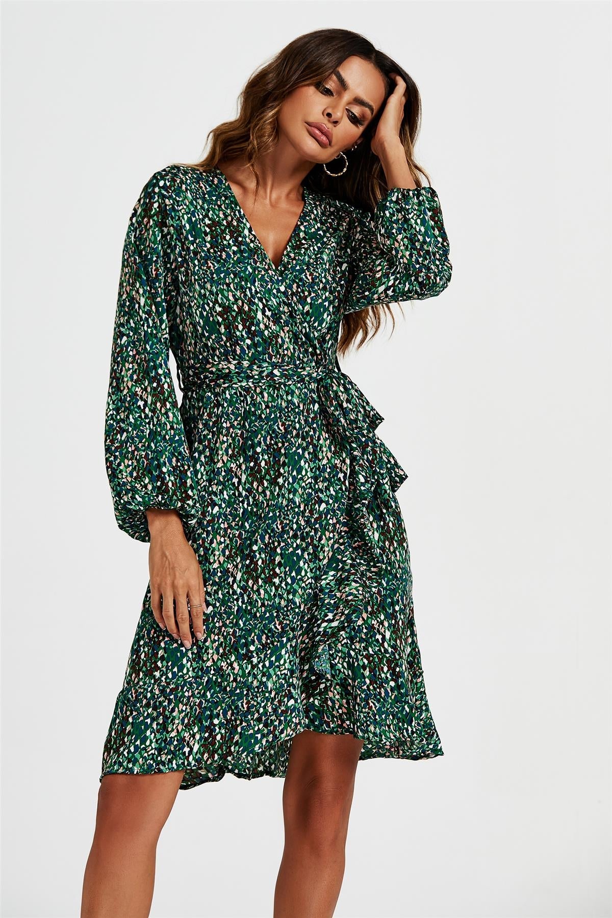Wrap Top Midi Dress In Green FS602-GM