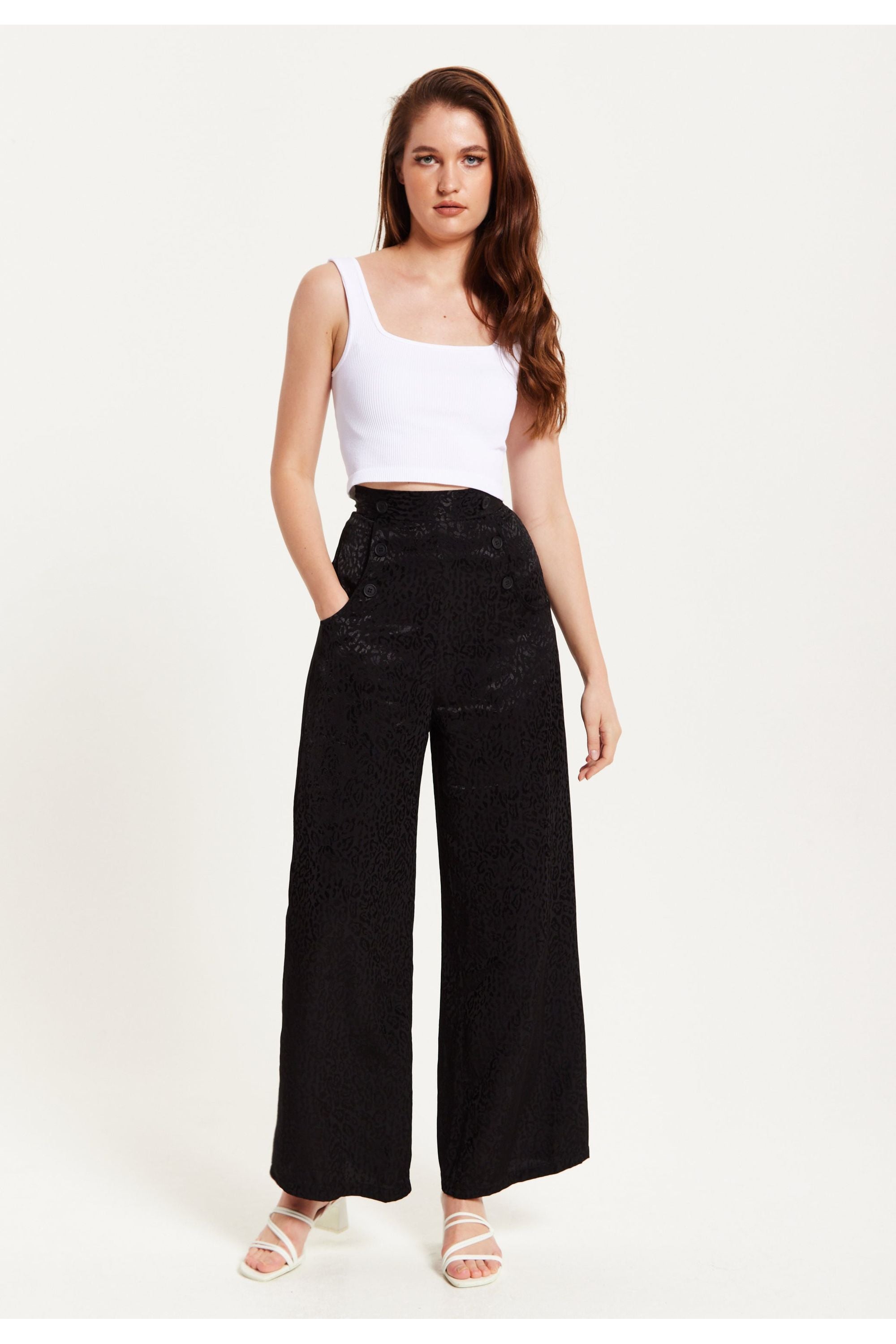 Black Animal Print Wide Leg Trousers LIQ23AW096