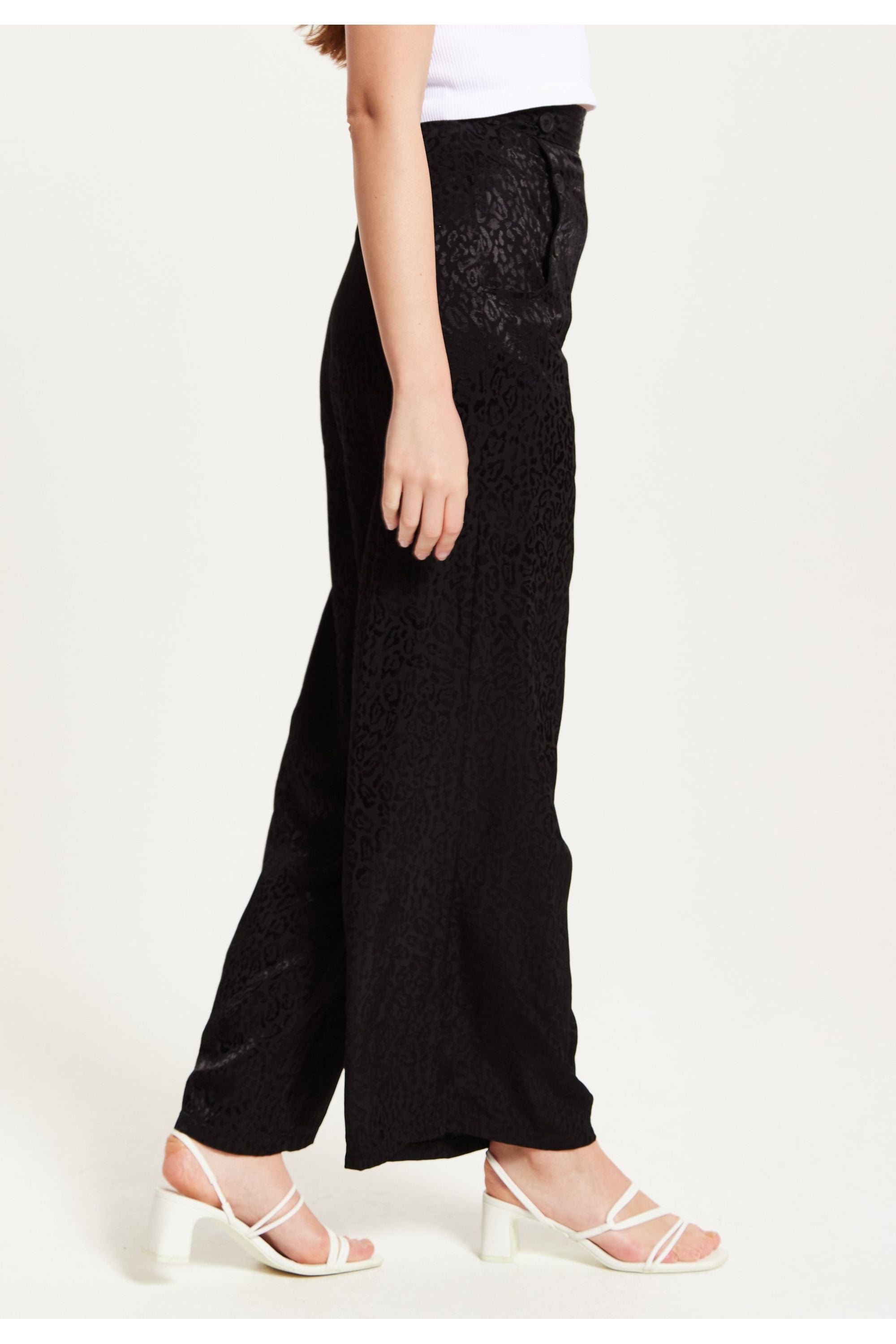 Black Animal Print Wide Leg Trousers LIQ23AW096
