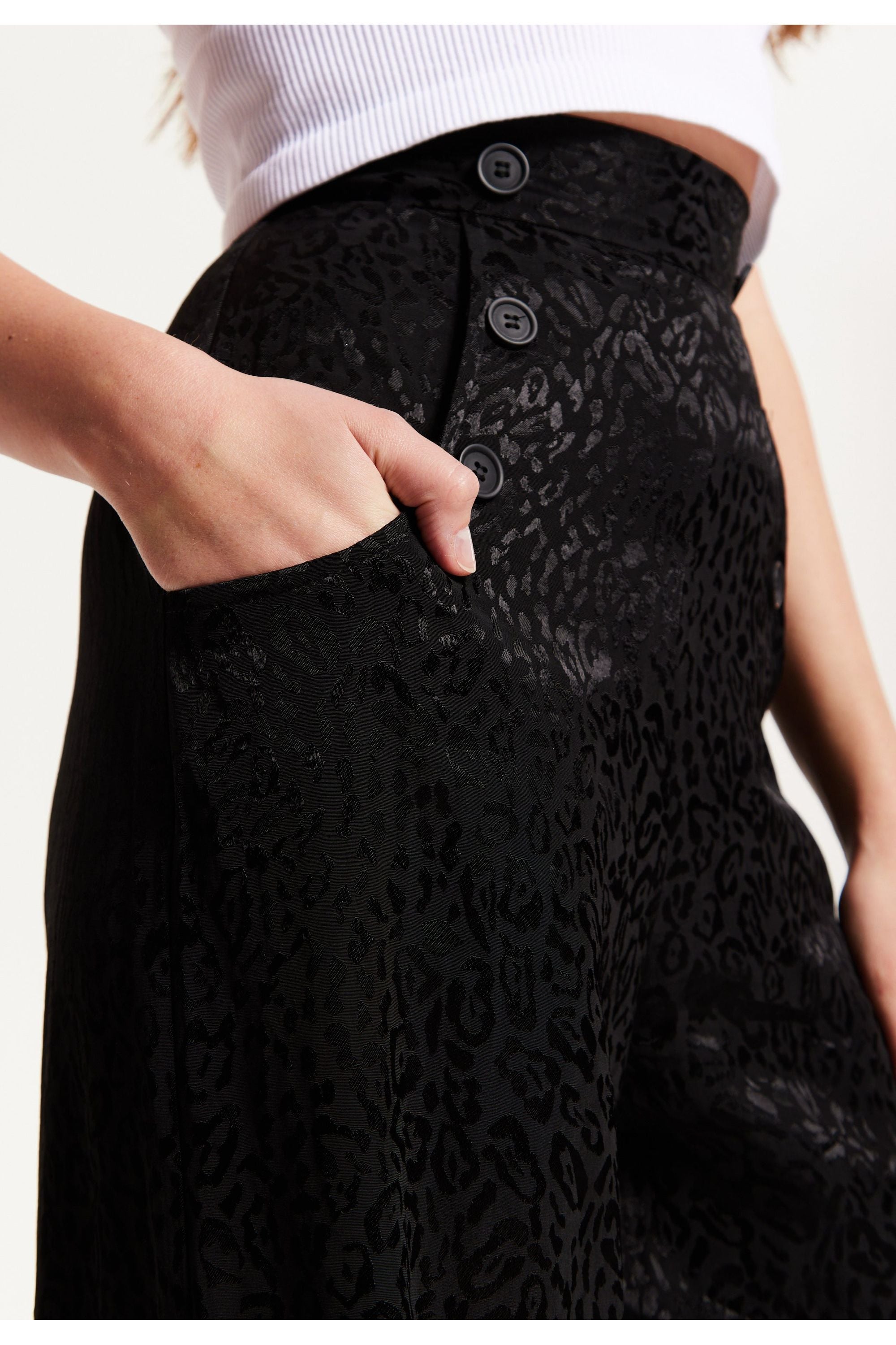 Black Animal Print Wide Leg Trousers LIQ23AW096