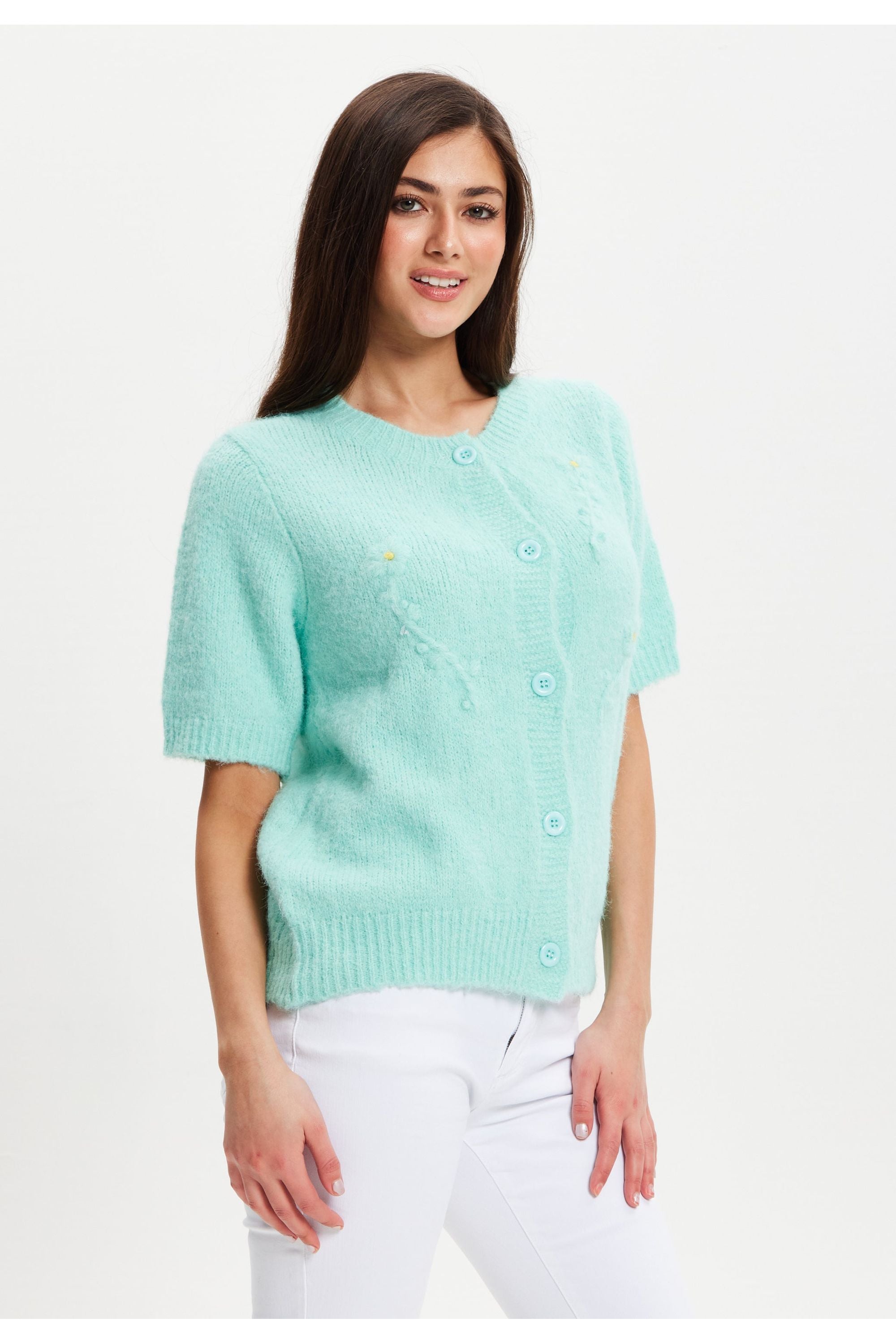 Turquoise Knitted Floral Short Sleeve Cardigan UAL009
