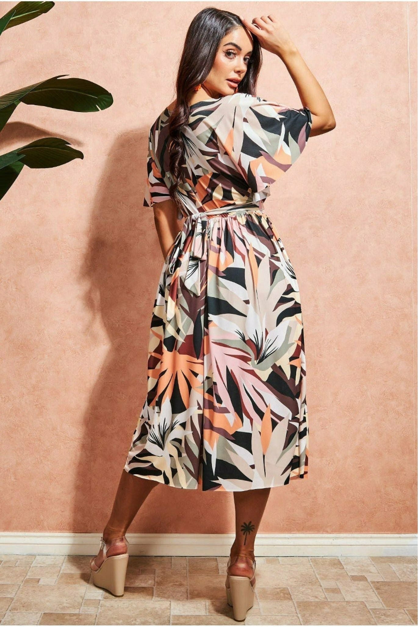 Leaf Print Midi With Flutter Sleeves - Brown Print DR3658