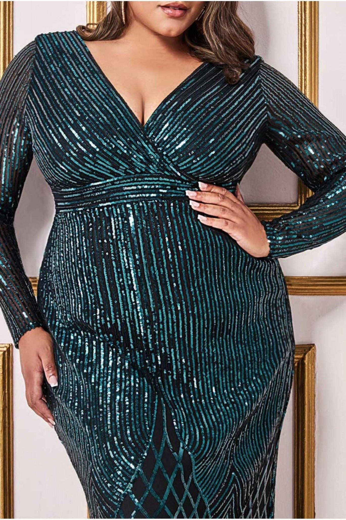 Long Sleeve Sequin V Wrap Maxi - Emerald DR3485P