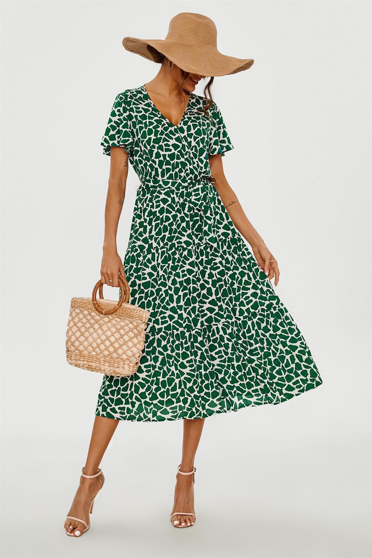 Geo Print Hem Tiered Wrap Midi Dress In Green FS231-GG