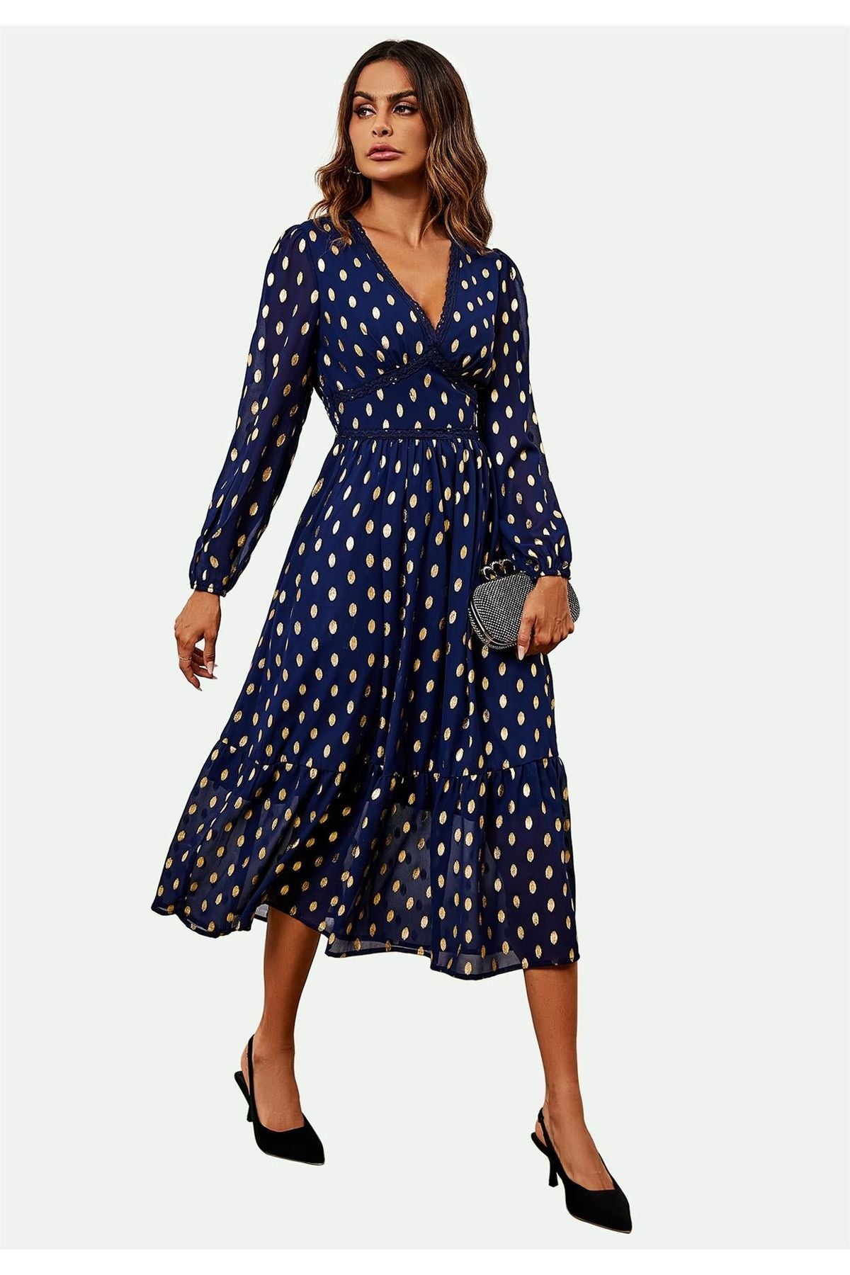 Lace Trim Foil Long Sleeve Maxi Dress In Navy FS565-NG