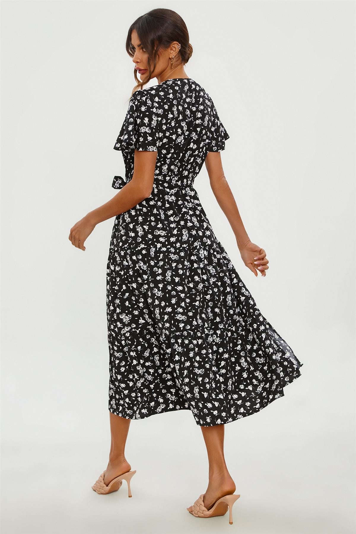 White Floral Print Hem Tiered Wrap Midi Dress In Black FS231-BlackF