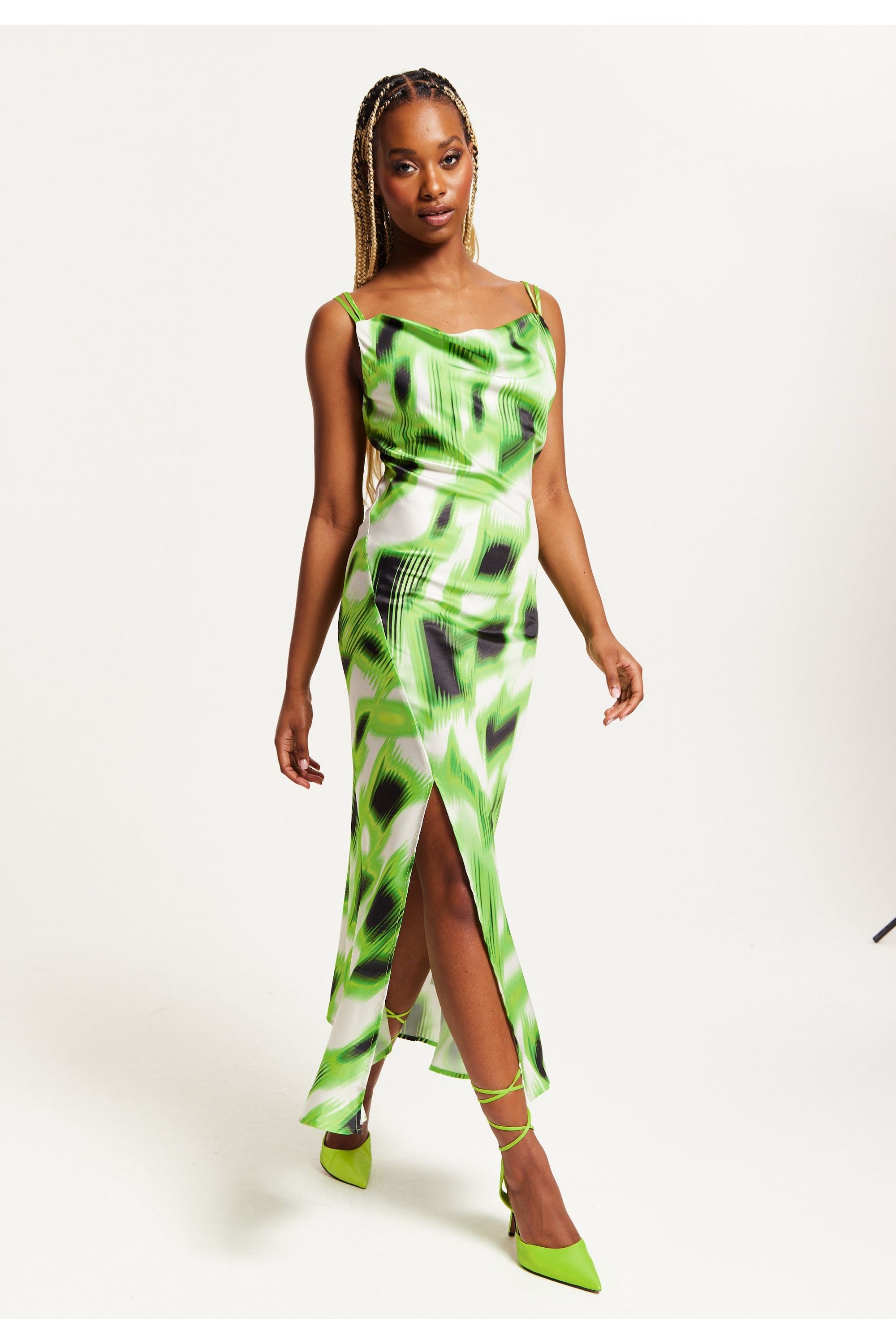 Green And Black Abstract Print Cowl Neck Midi Dress YD27255
