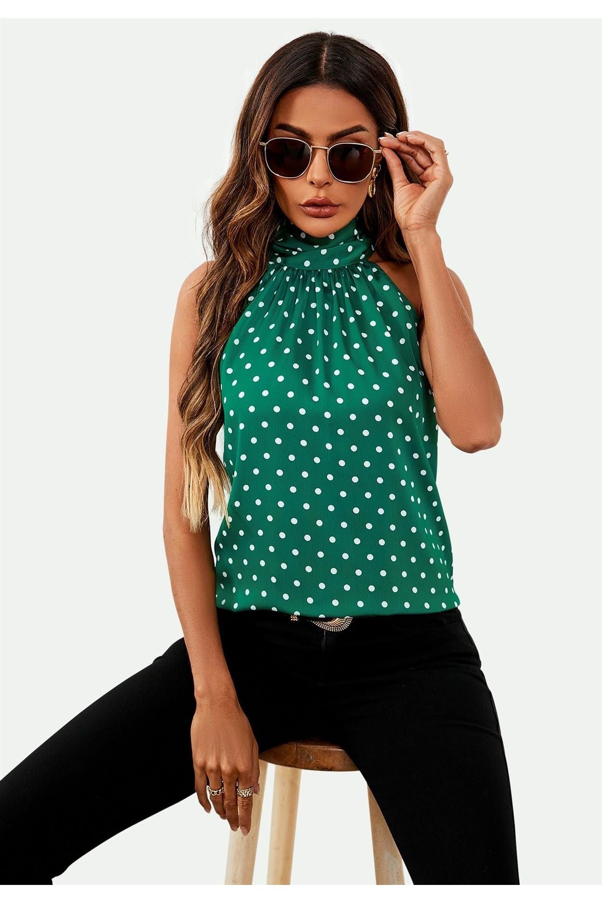 Polka Dot Print Halter Neck Tie Back Top In Green FS557-GD