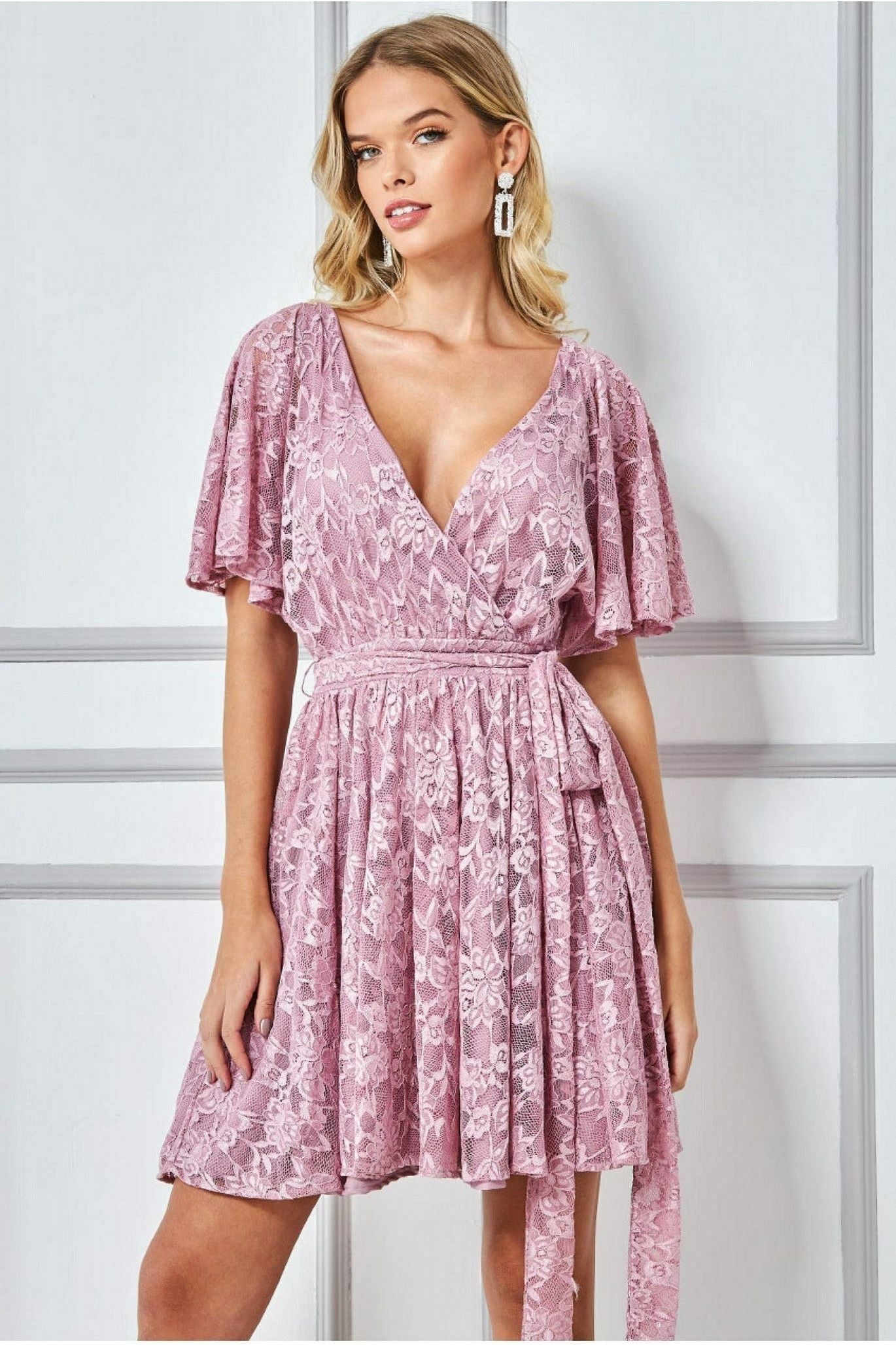 Lace Kimono Wrap Skater Mini Dress - Mauve DR2567A