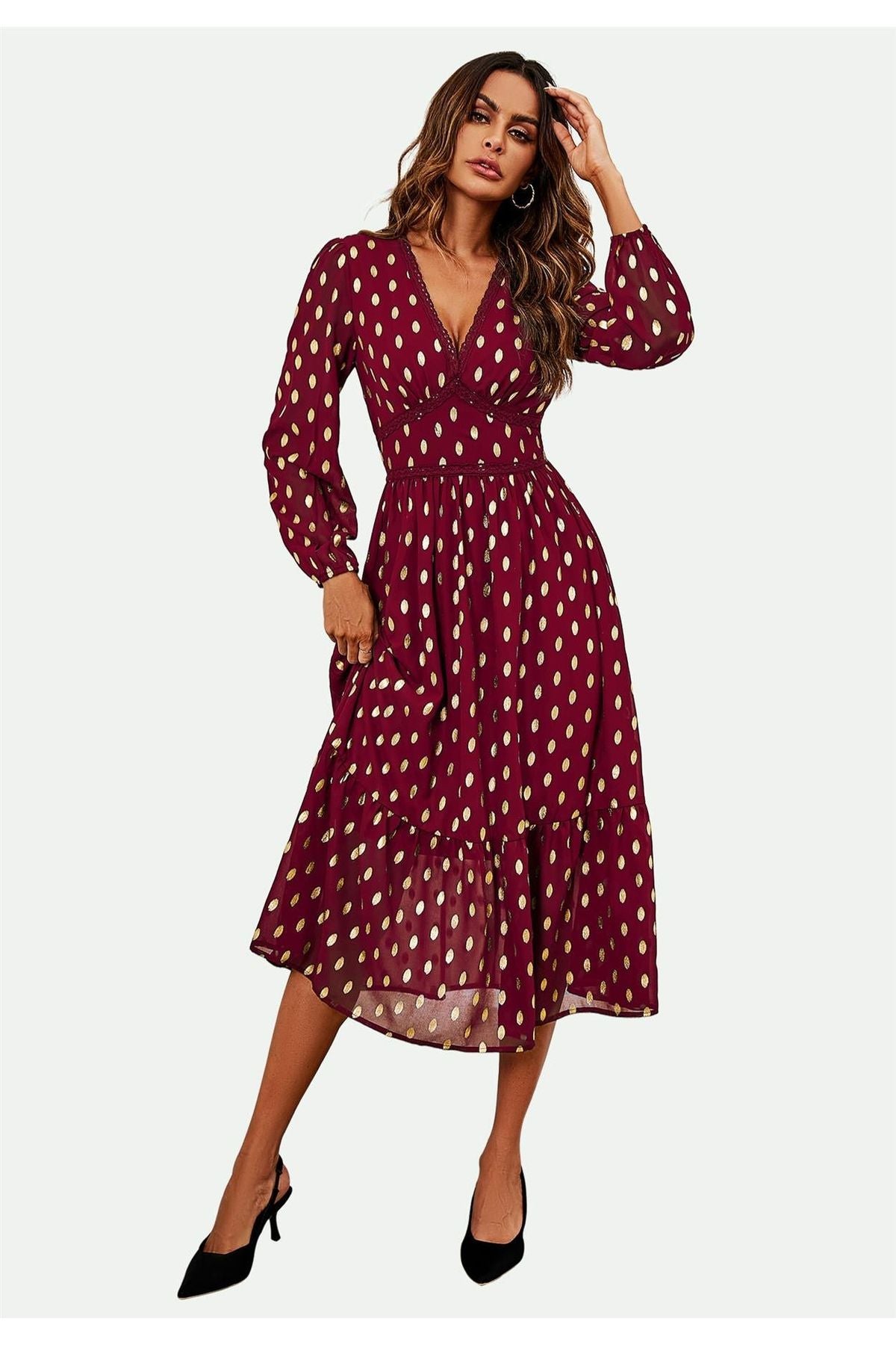 Lace Trim Foil Long Sleeve Maxi Dress In Wine FS565-WG
