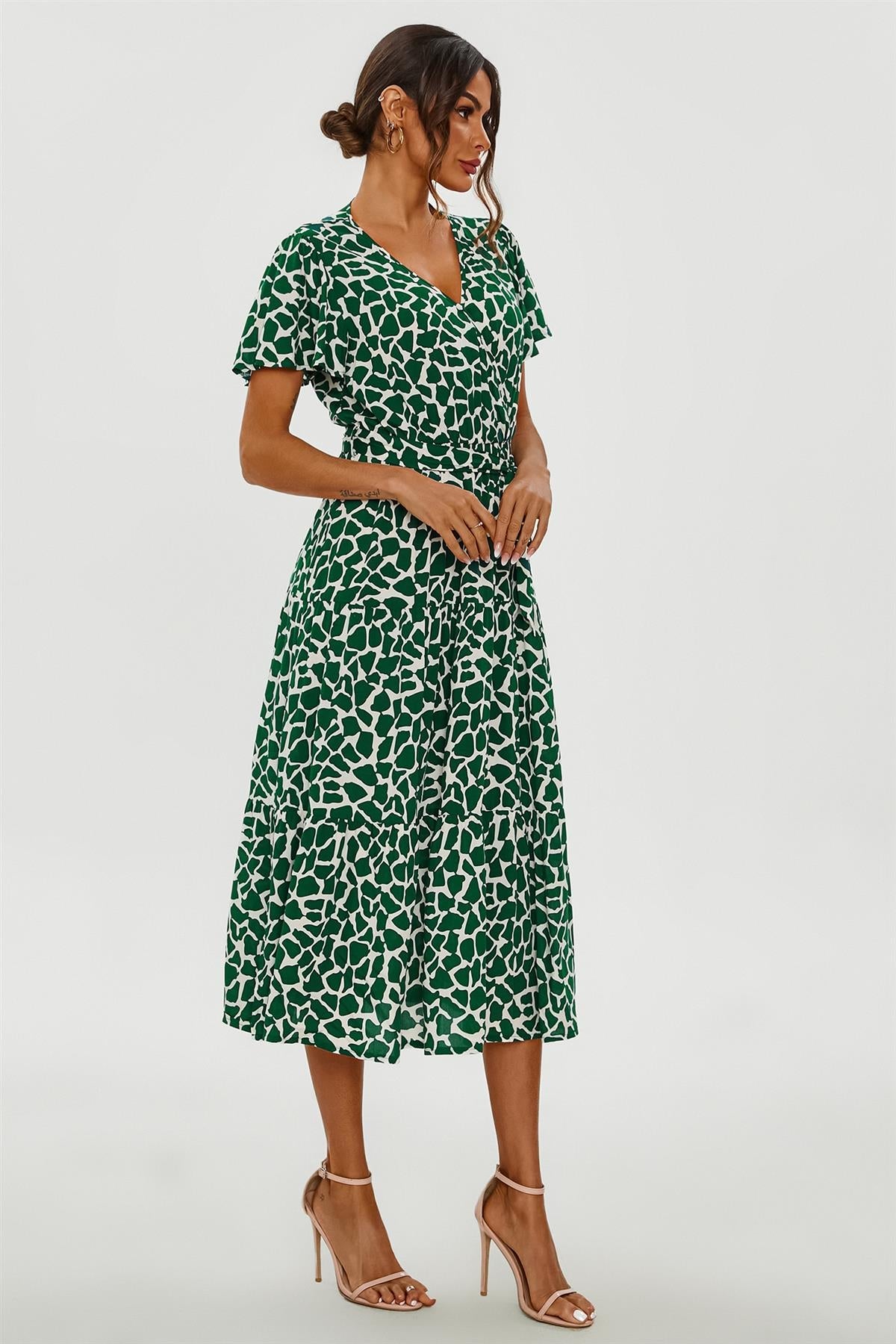 Geo Print Hem Tiered Wrap Midi Dress In Green FS231-GG