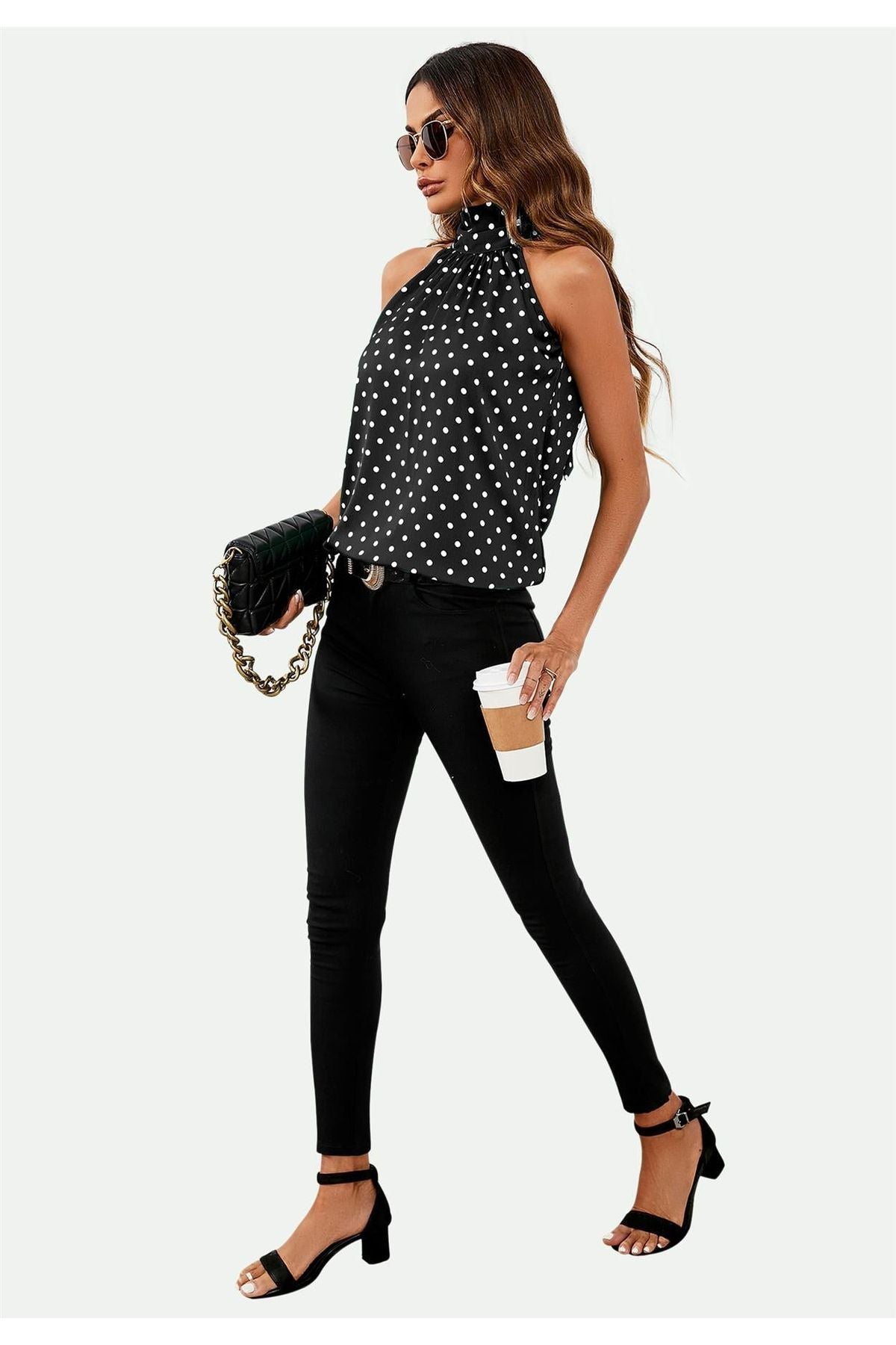 Polka Dot Print Halter Neck Tie Back Top In Black FS557-BD