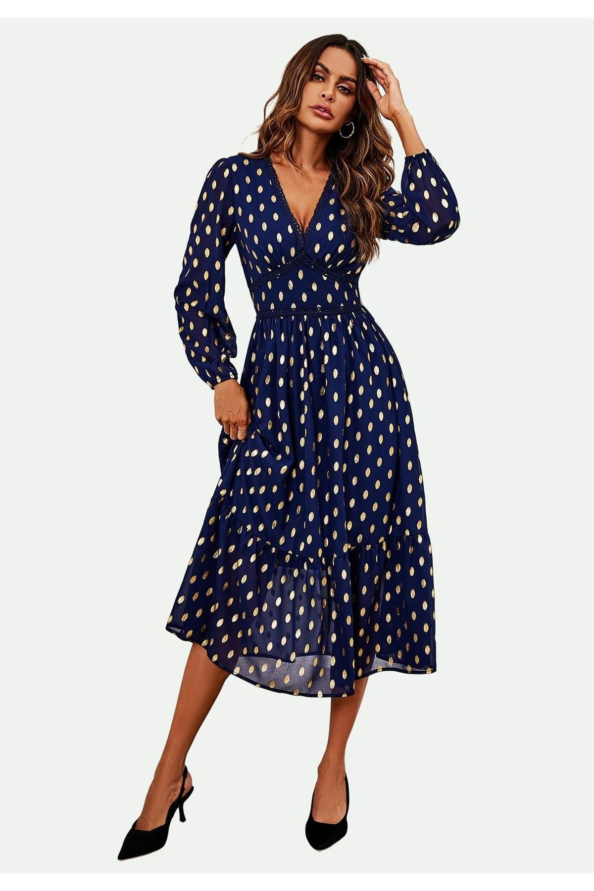 Lace Trim Foil Long Sleeve Maxi Dress In Navy FS565-NG