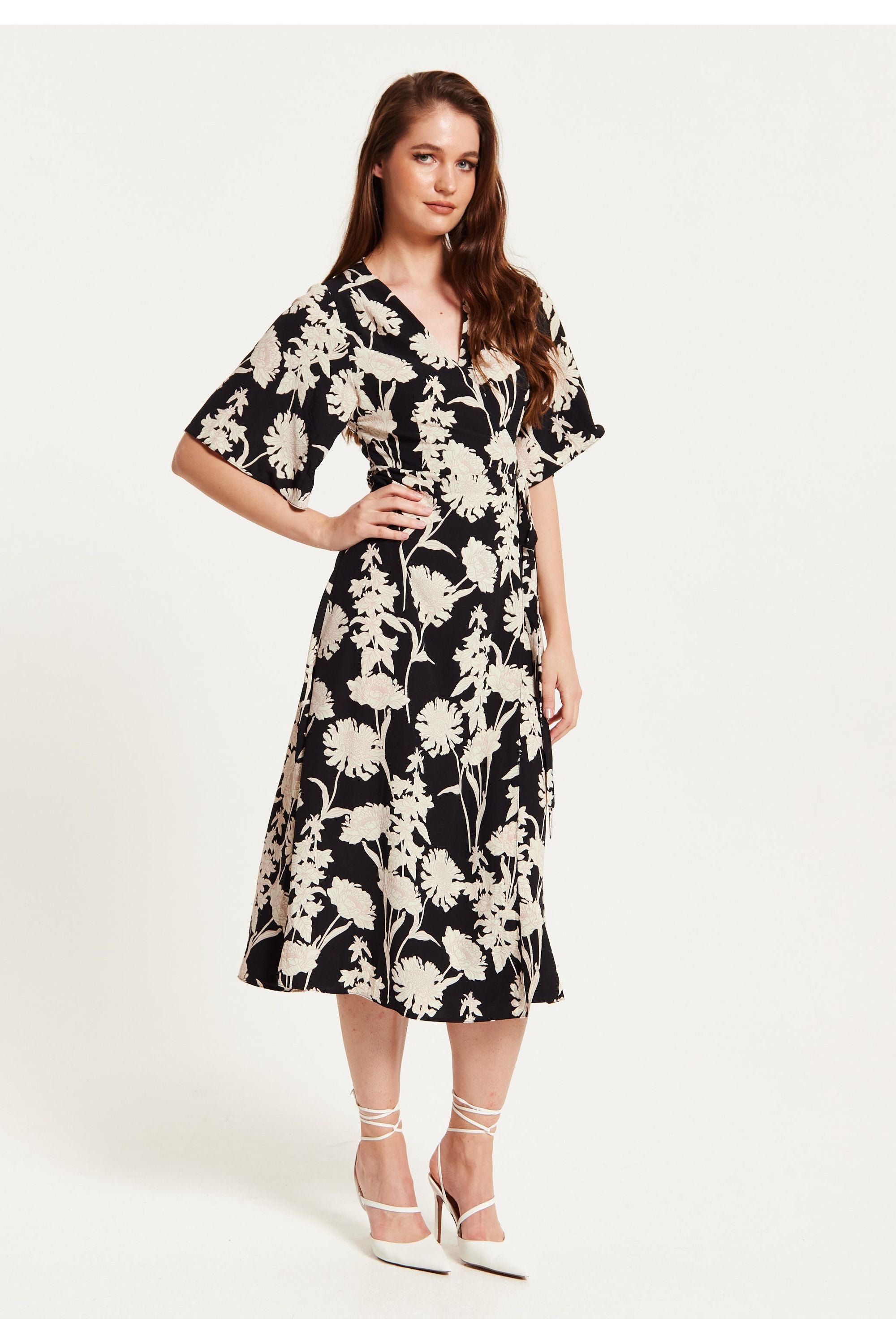Floral Print Midi Wrap Dress With Kimono Sleeves A13-CCN001-G