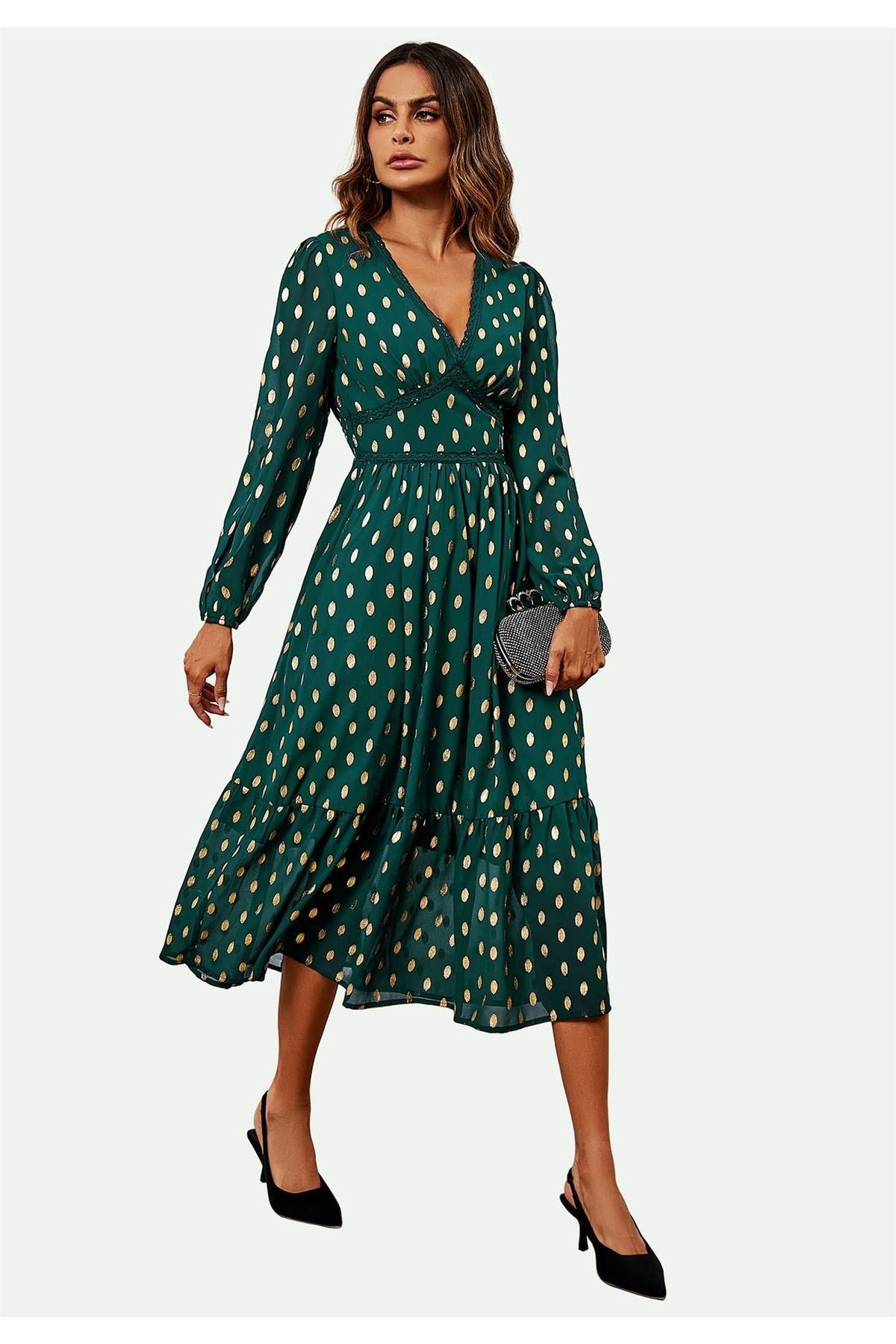 Lace Trim Foil Long Sleeve Maxi Dress In Green FS565-GG