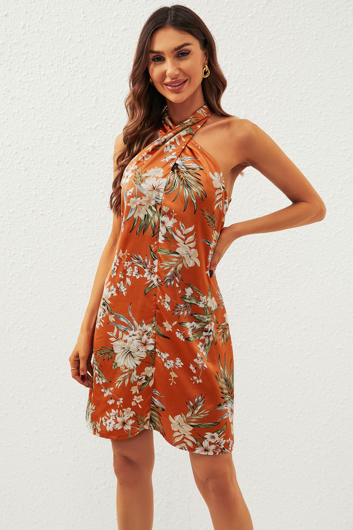 Satin Floral Print Halter Neck Mini Dress In Orange FS560-OF