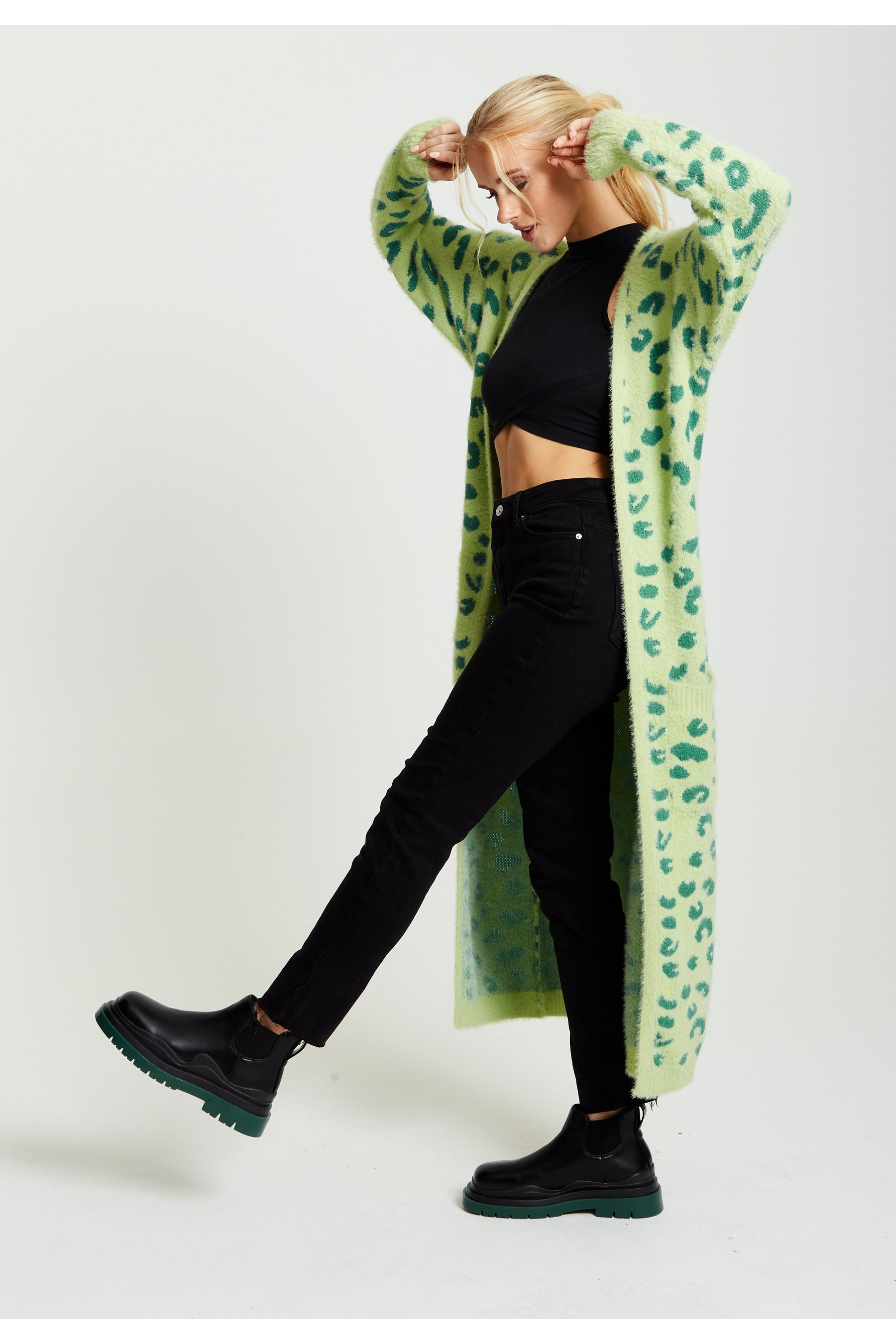 Liquorish Fluffy Longline Cardigan In Green Animal Print 148