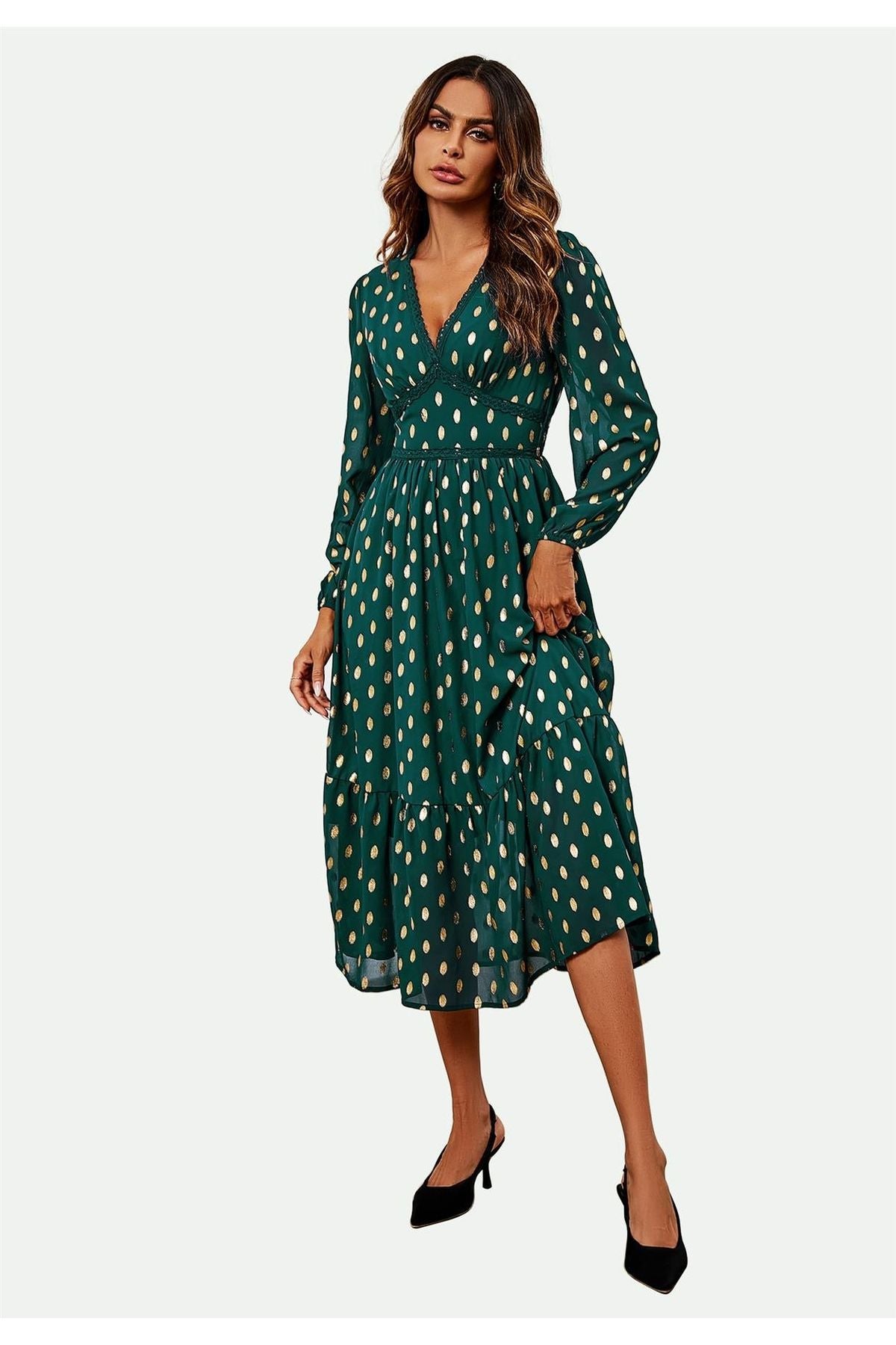 Lace Trim Foil Long Sleeve Maxi Dress In Green FS565-GG