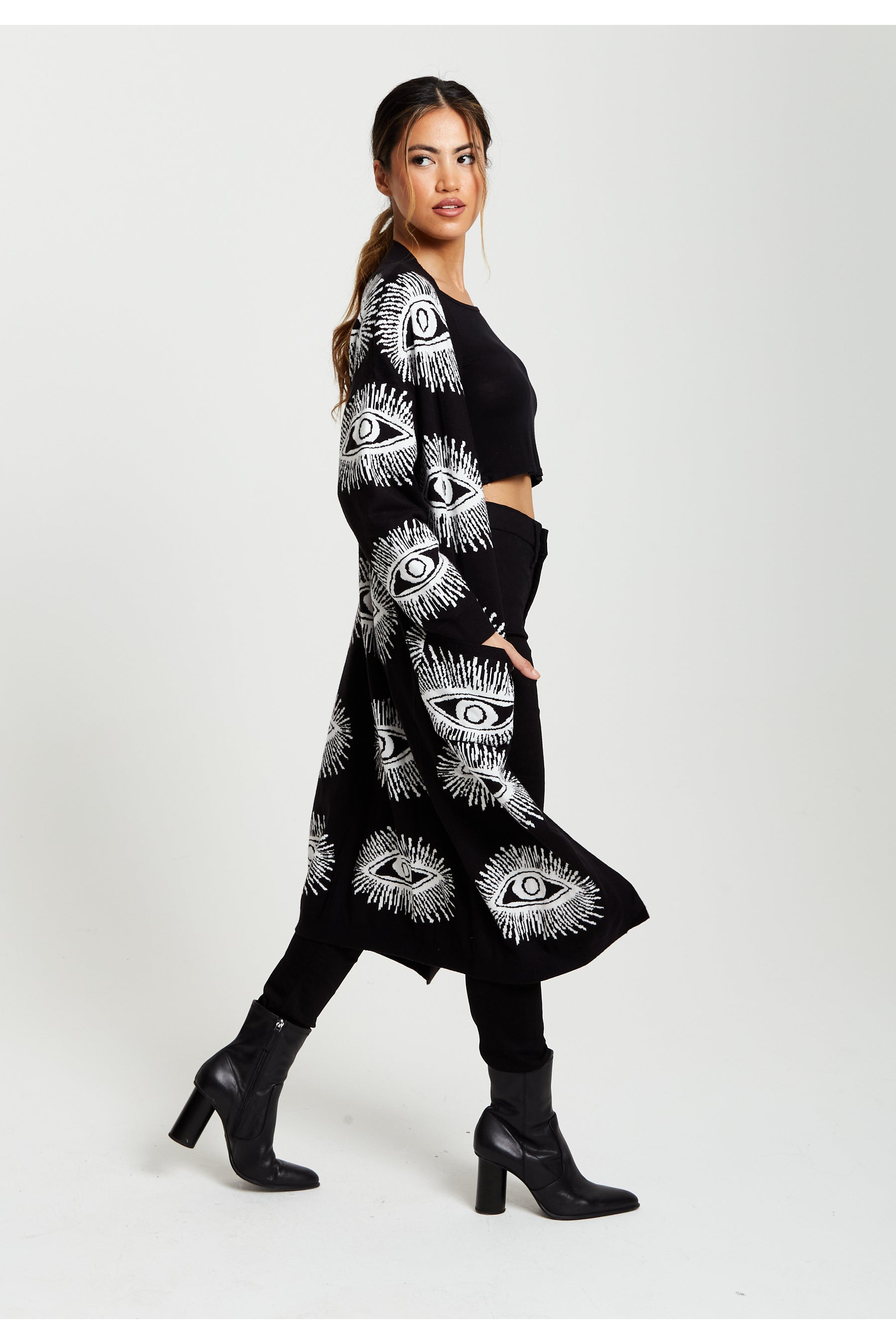 Eye Pattern Longline Cardigan In Black 126-LIQ23KN001