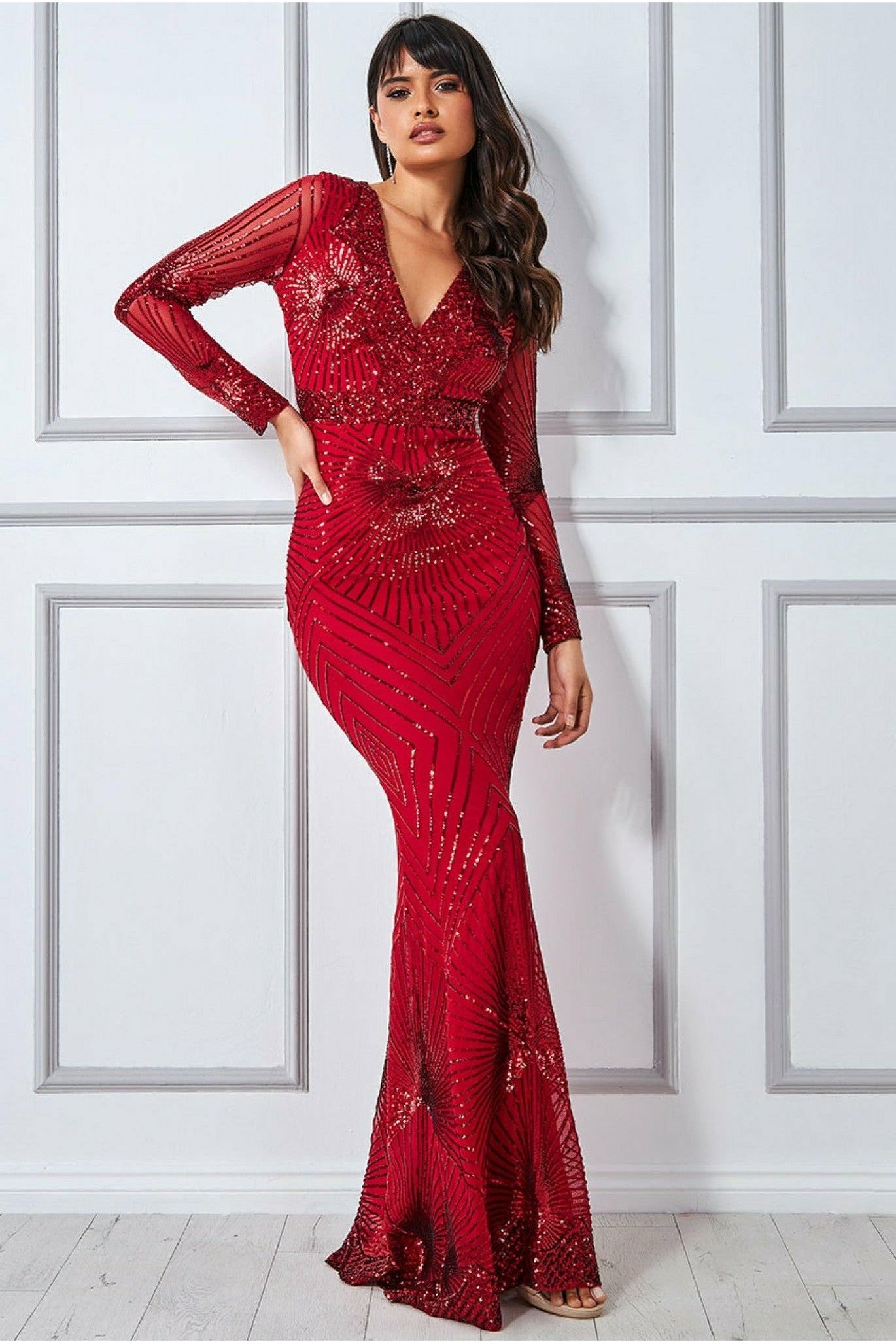 Starburst Effect Maxi Dress - Red DR1824