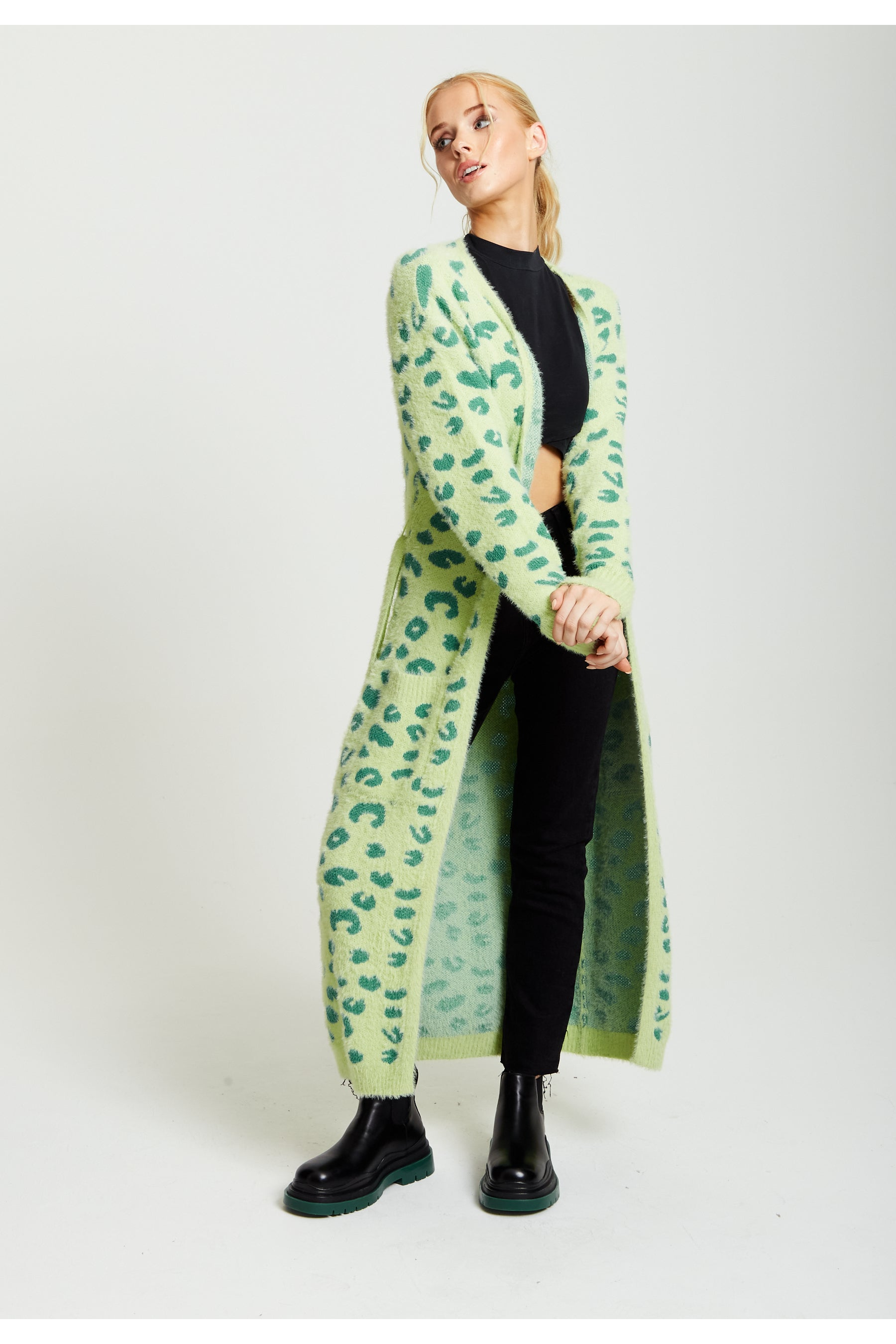Liquorish Fluffy Longline Cardigan In Green Animal Print 148