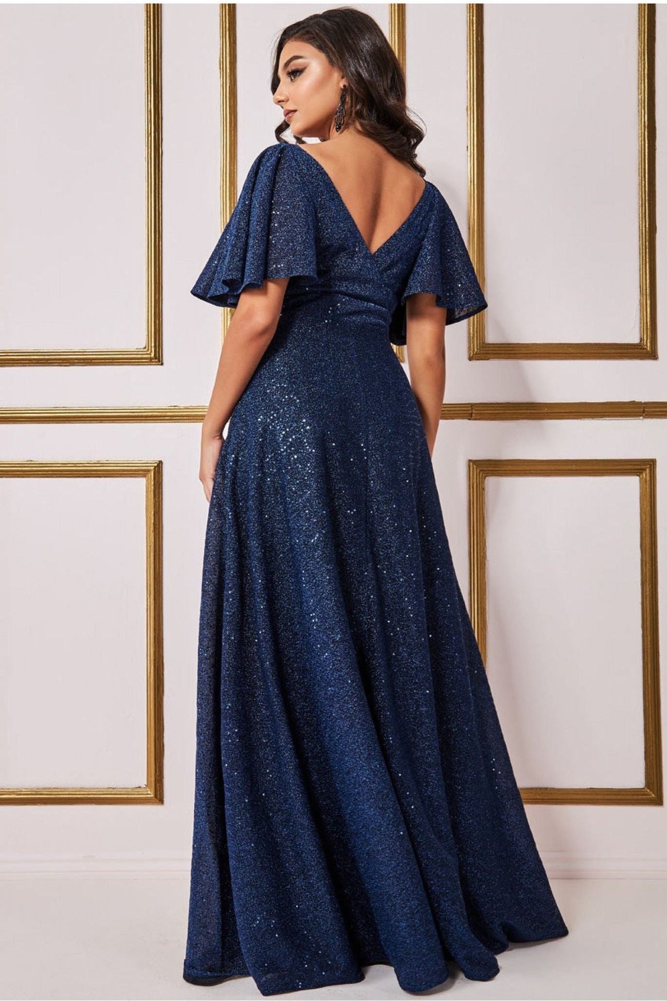 Sequin Lurex Flutter Sleeve Maxi Dress - Navy DR3680