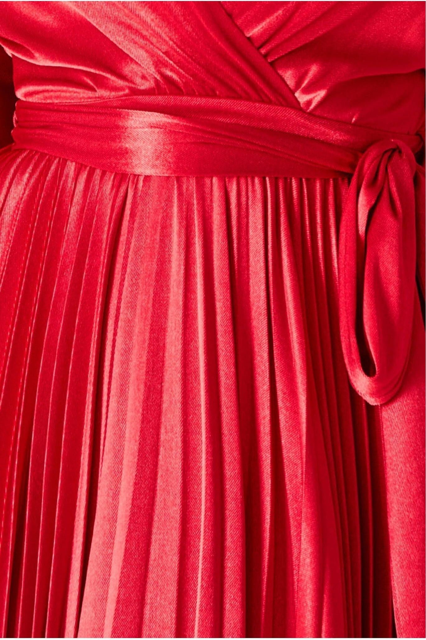 Satin Pleated Skirt Wrap Midi Dress - Red DR3921