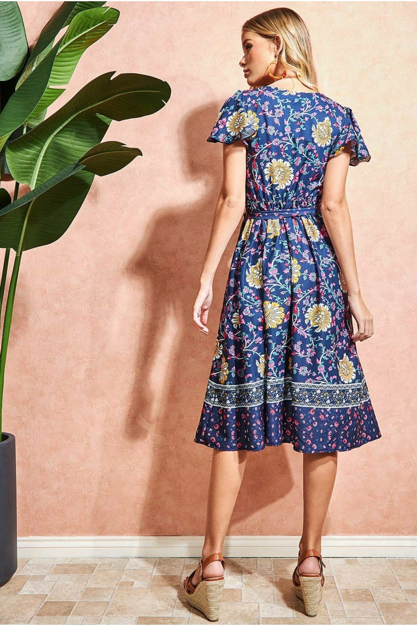 Floral Print Wrap Midi With Flutter Sleeves - Navy Print DR3440