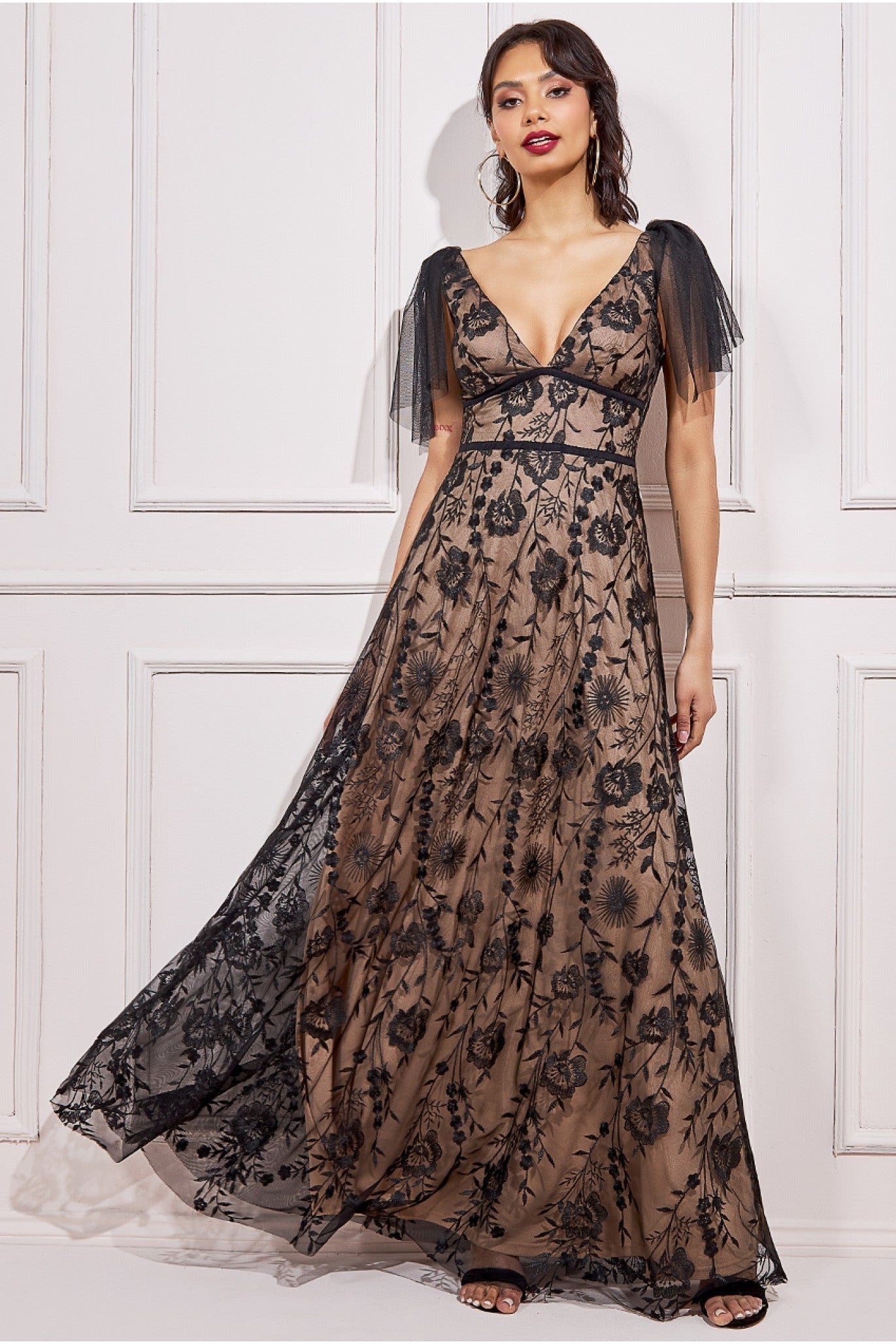 Embroidered Lace Maxi With Flutter Sleeves - Black