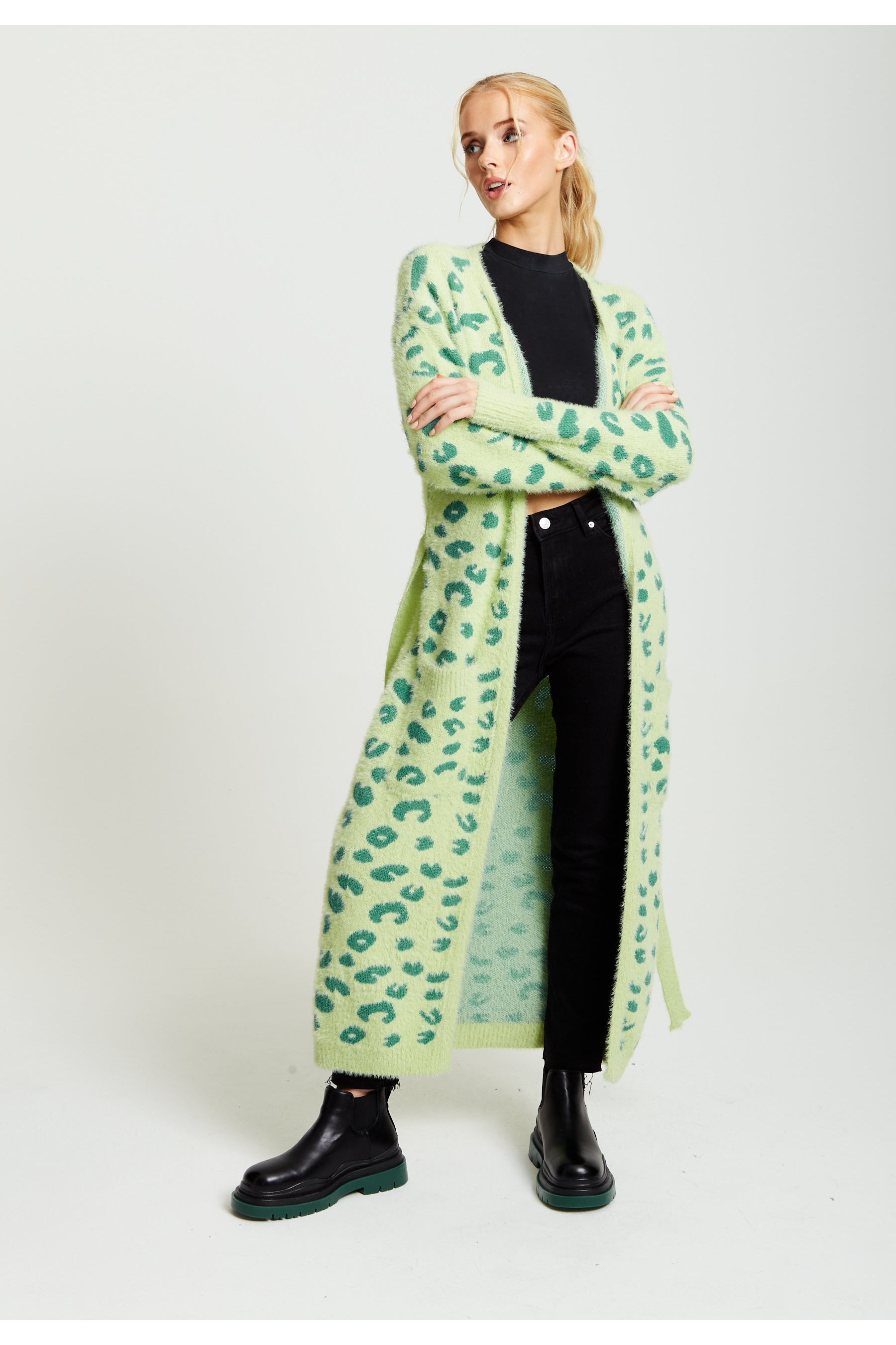 Liquorish Fluffy Longline Cardigan In Green Animal Print 148