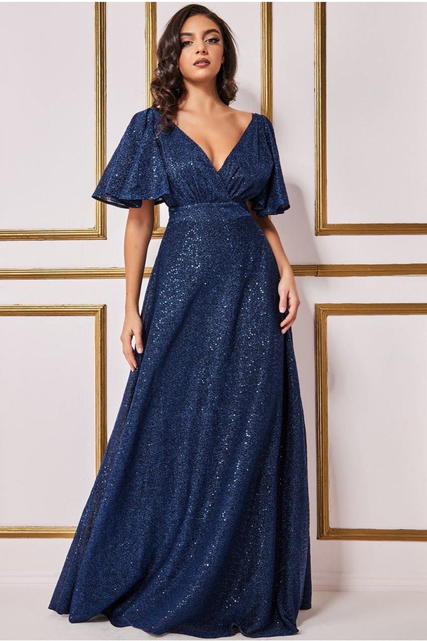 Sequin Lurex Flutter Sleeve Maxi Dress - Navy DR3680