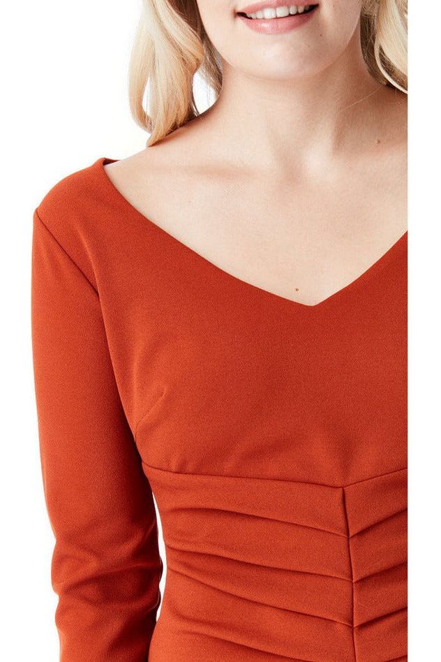 V Neck Pleated Midi With Split Detail - Rust DR1352