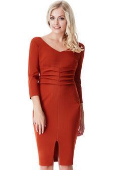 V Neck Pleated Midi With Split Detail - Rust DR1352