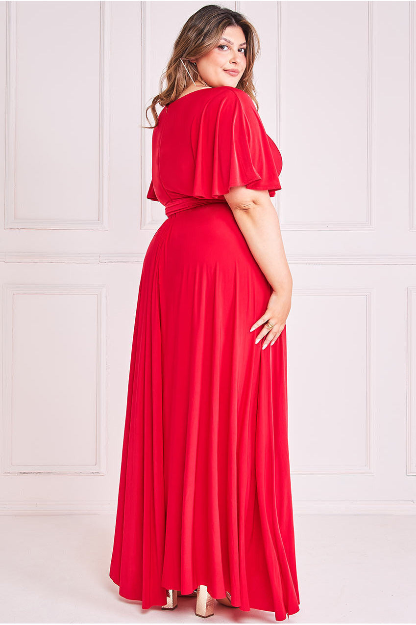 Plus Wrap Front Maxi With Flutter Sleeves - Red DR2565P
