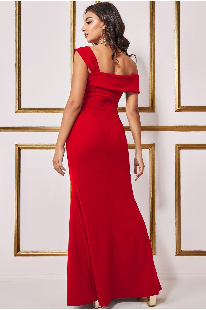 Off The Shoulder Pleated Waist Maxi Dress - Red DR2594G