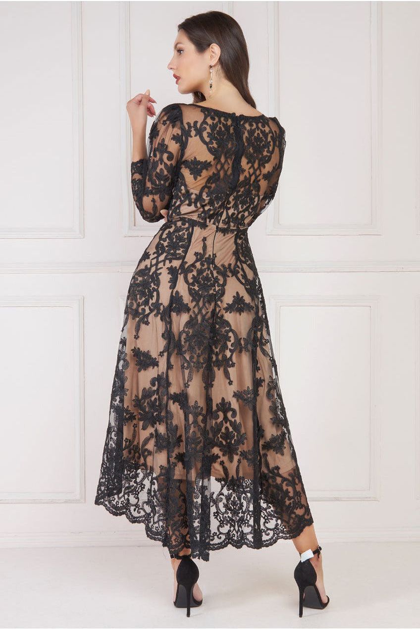 Scalloped Lace Dipped Hem Midi Dress - Black DR3347